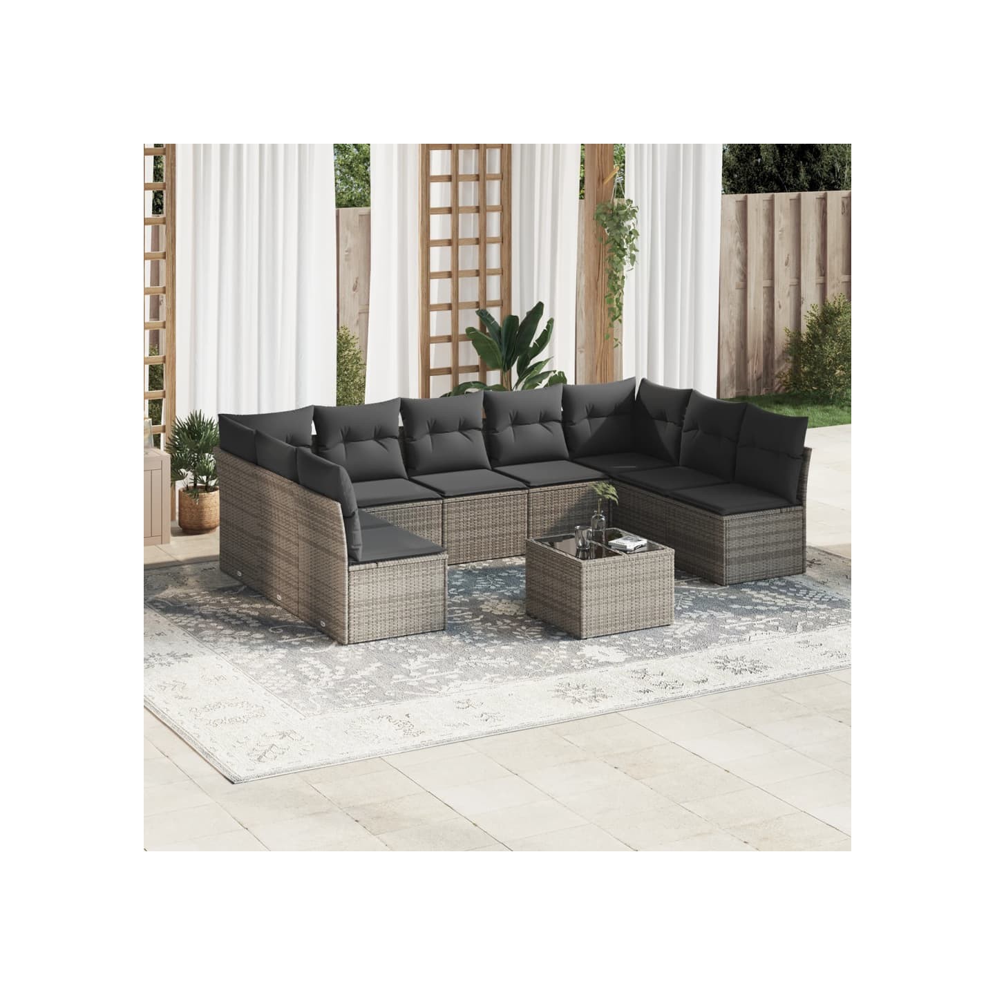 Salon de jardin avec coussins 10 pcs gris résine tressée