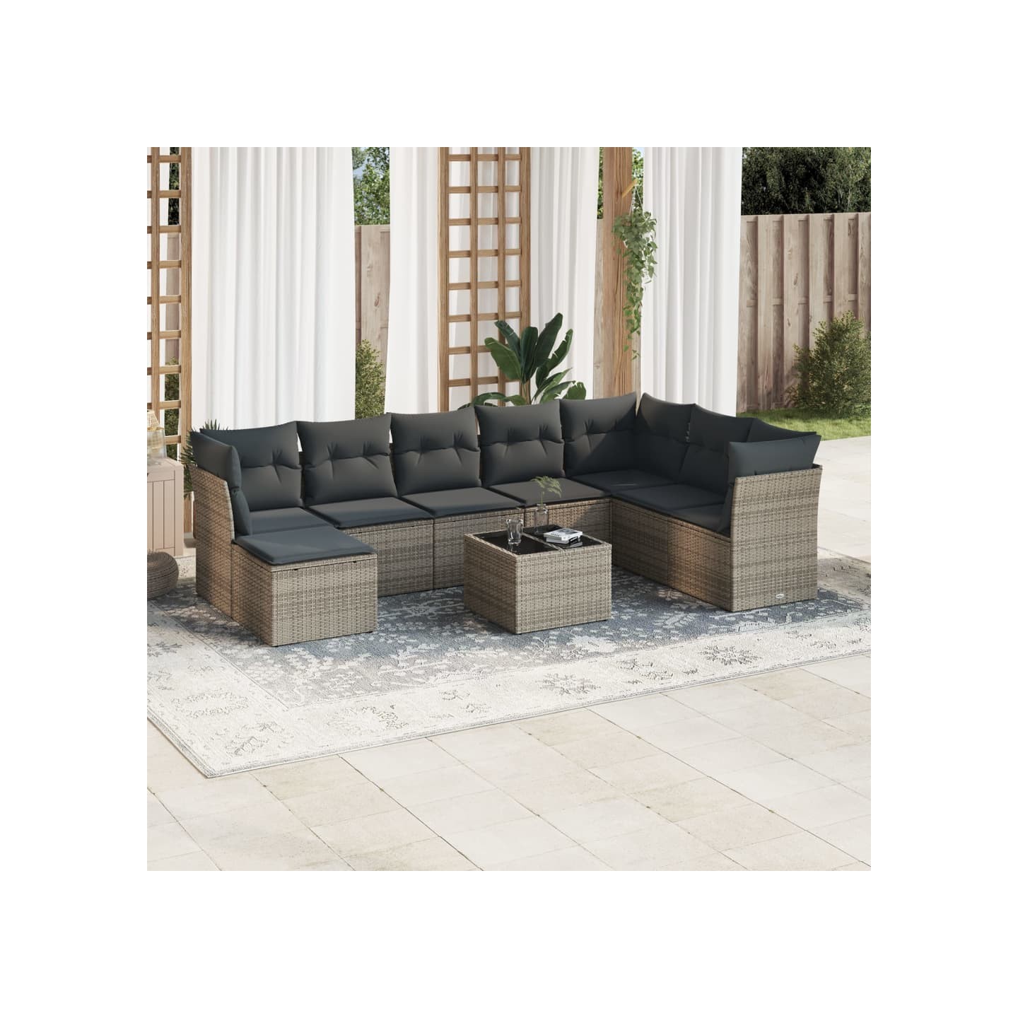 Salon de jardin 9 pcs avec coussins gris résine tressée