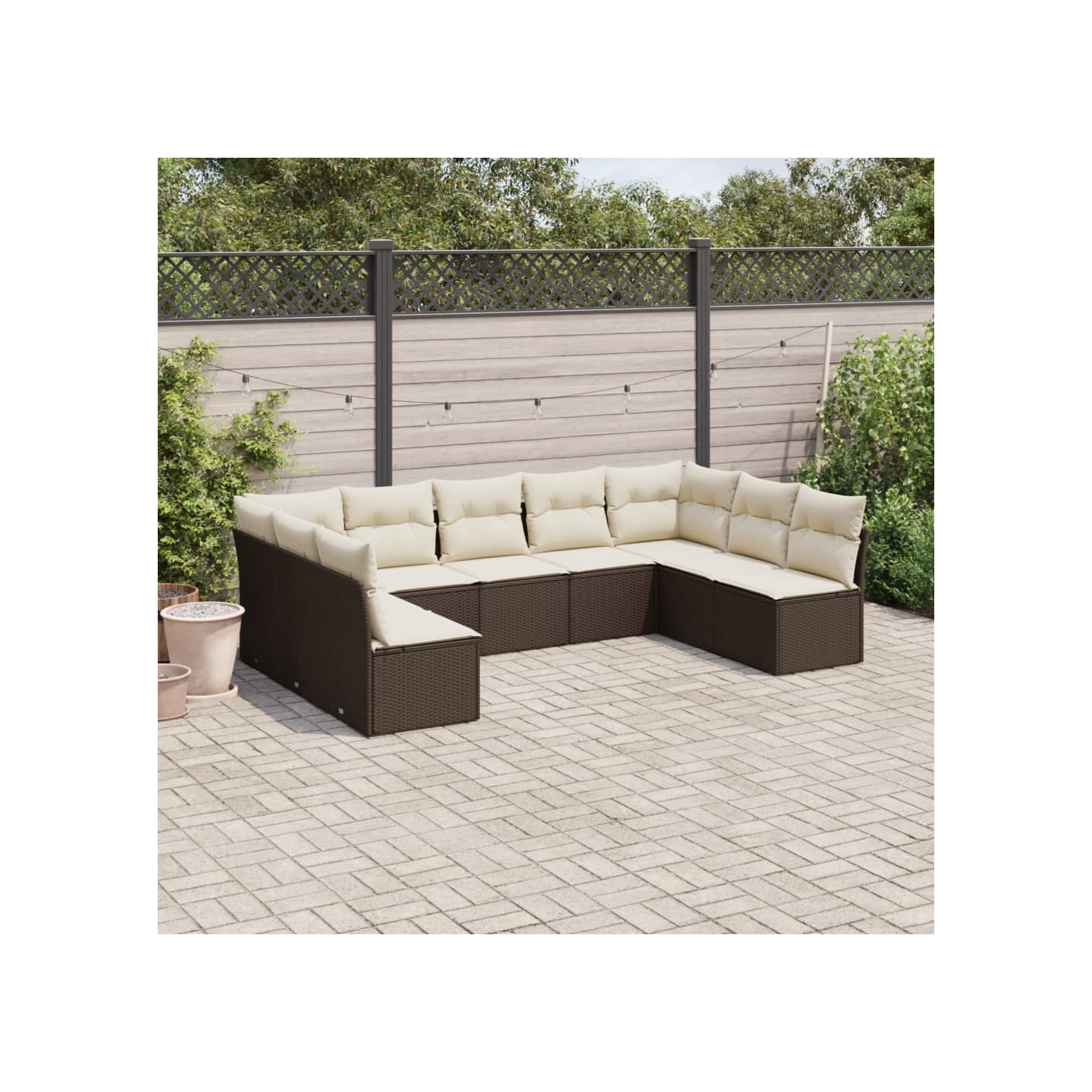 Salon de jardin avec coussins 9 pcs marron résine tressée