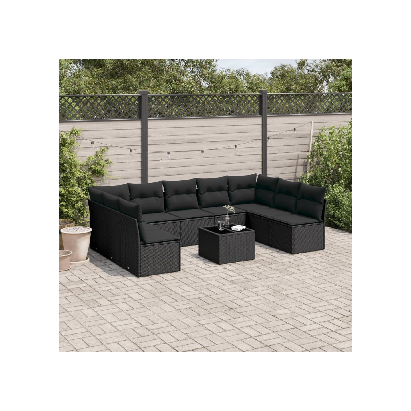 Salon de jardin 10 pcs avec coussins noir résine tressée
