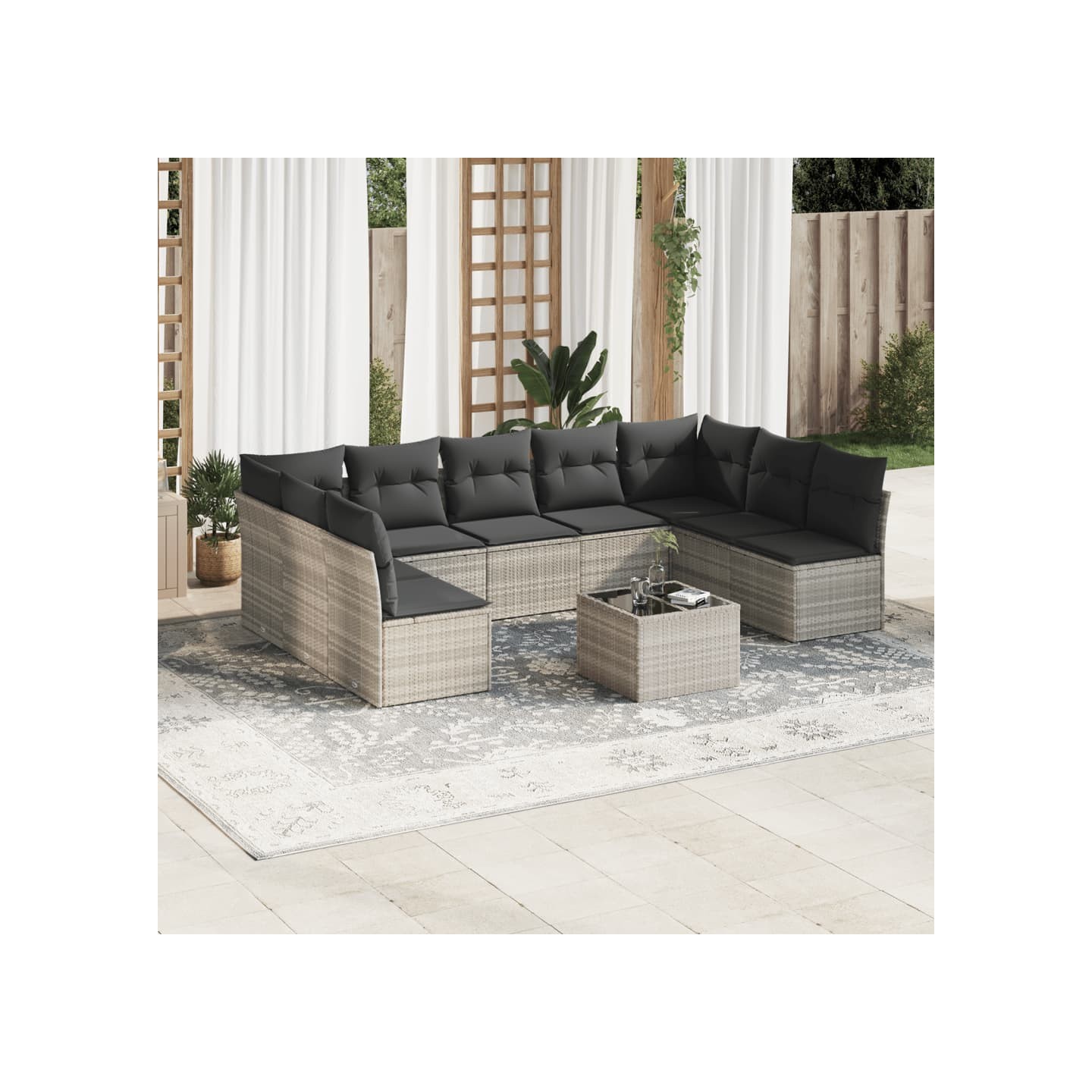 Salon de jardin avec coussins 10 pcs gris clair résine tressée