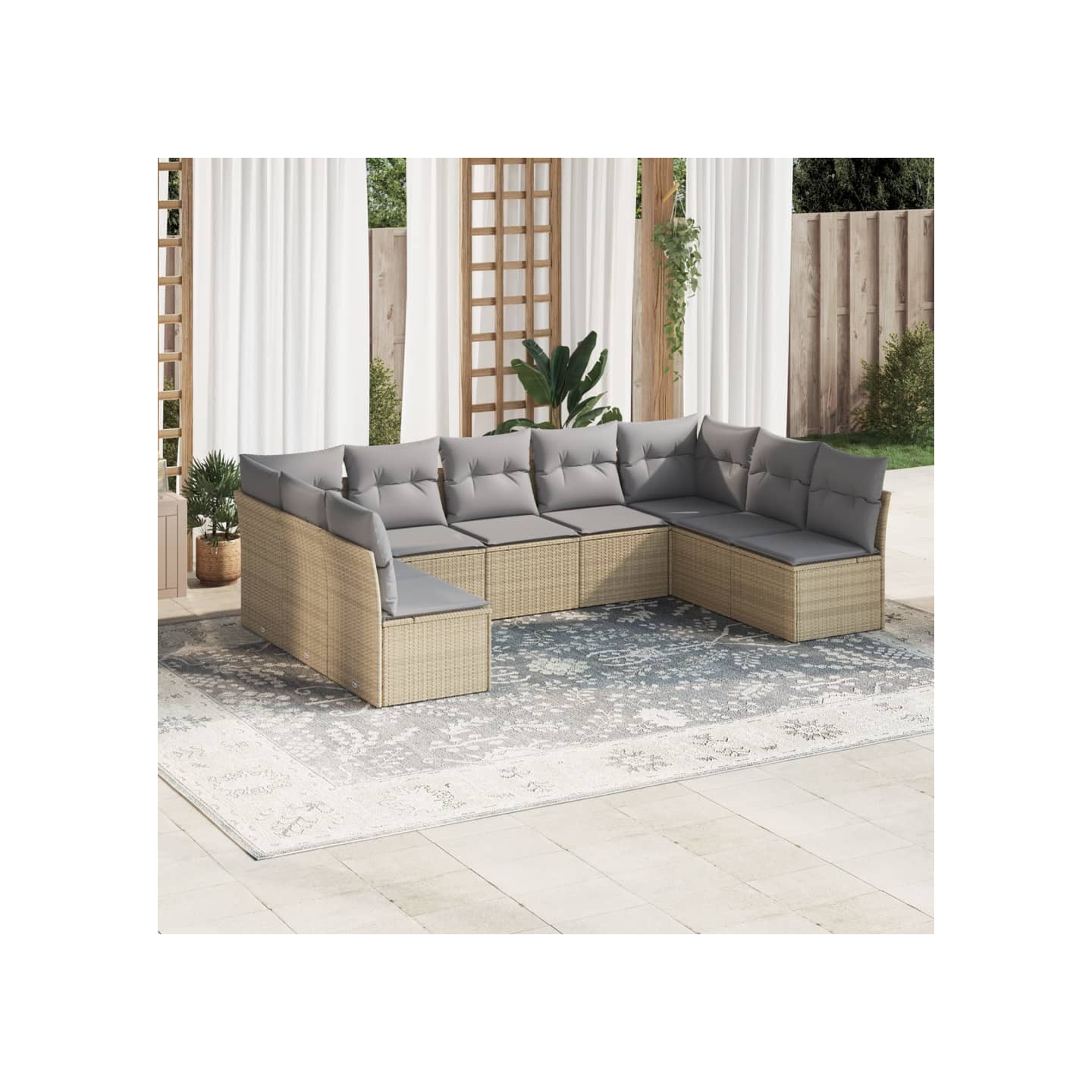 Salon de jardin avec coussins 9 pcs beige résine tressée