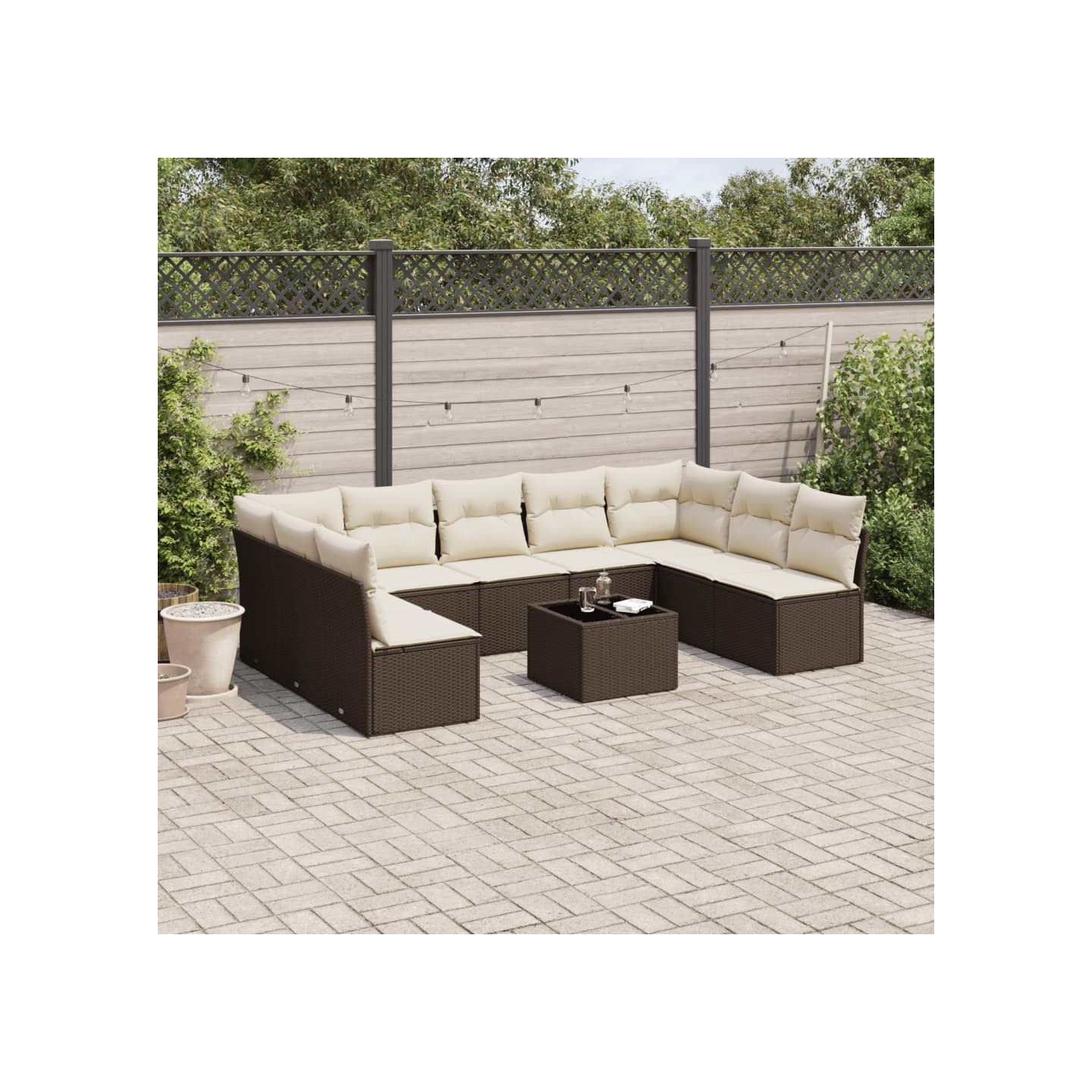 Salon de jardin 10 pcs avec coussins marron résine tressée