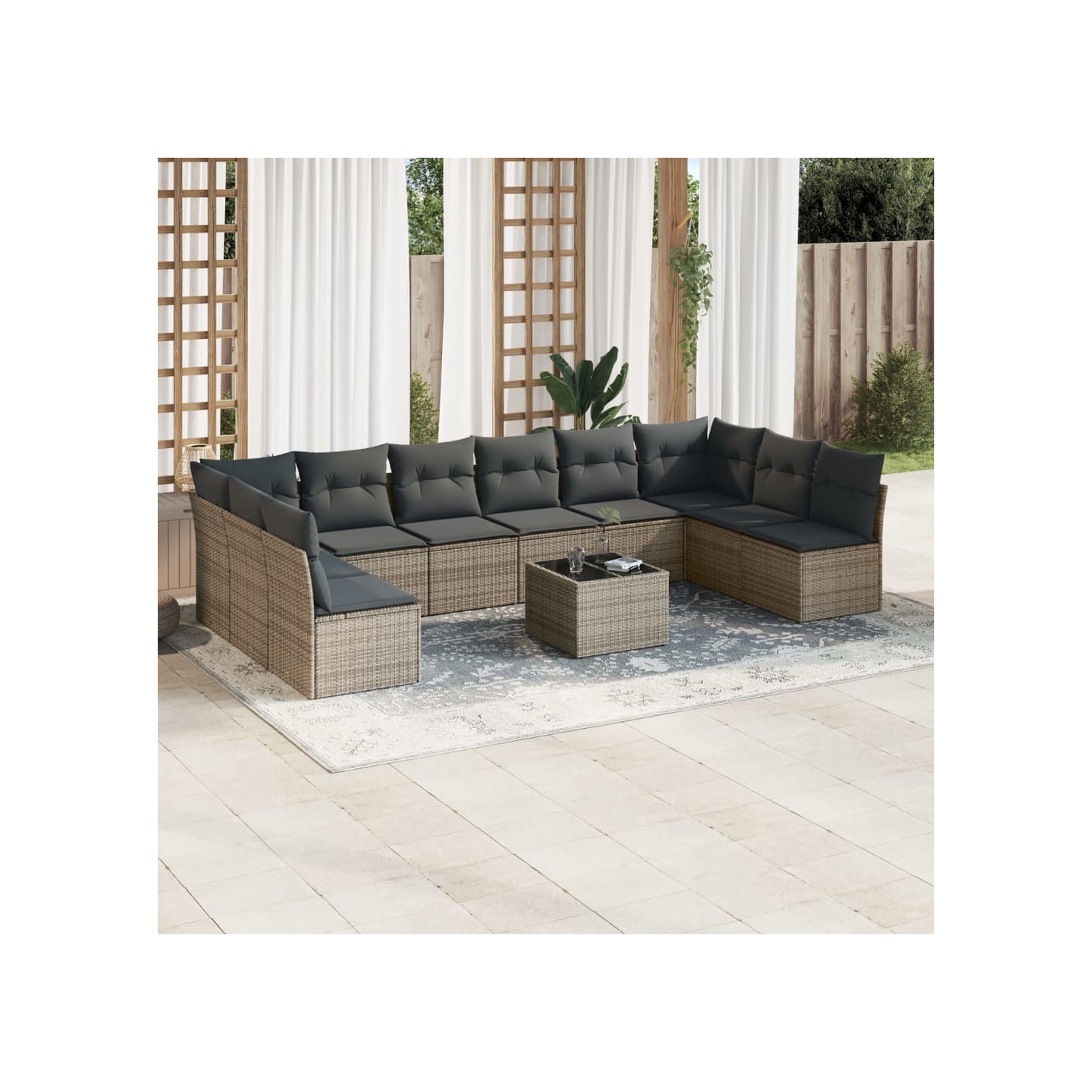 Salon de jardin 11 pcs avec coussins gris résine tressée