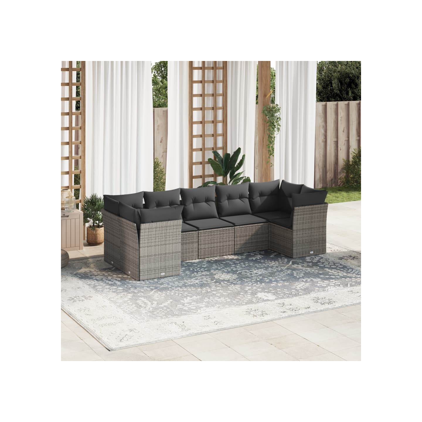 Salon de jardin avec coussins 7 pcs gris résine tressée