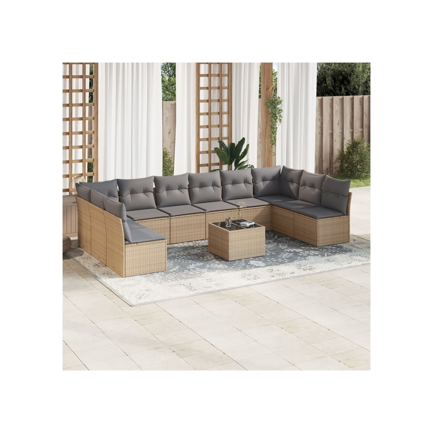 Salon de jardin 11 pcs avec coussins beige résine tressée