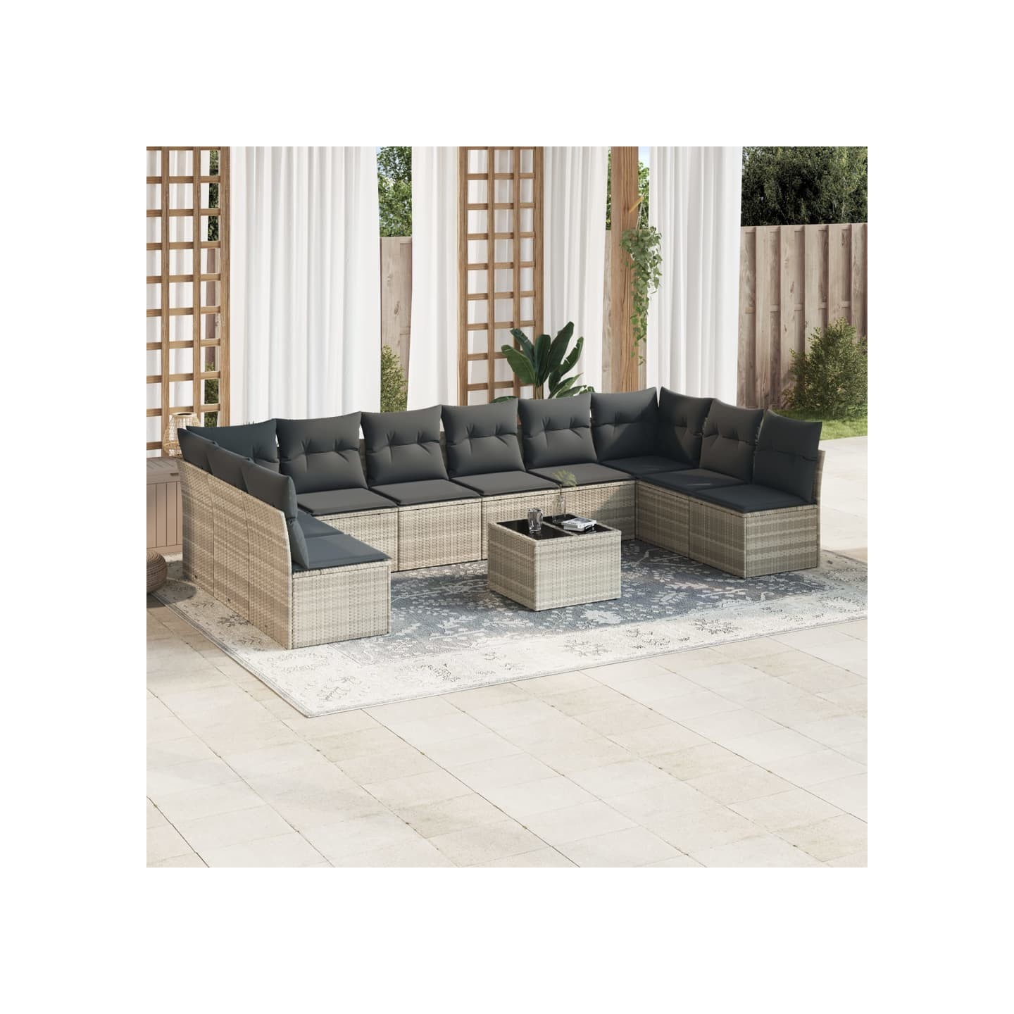 Salon de jardin 11 pcs avec coussins gris clair résine tressée