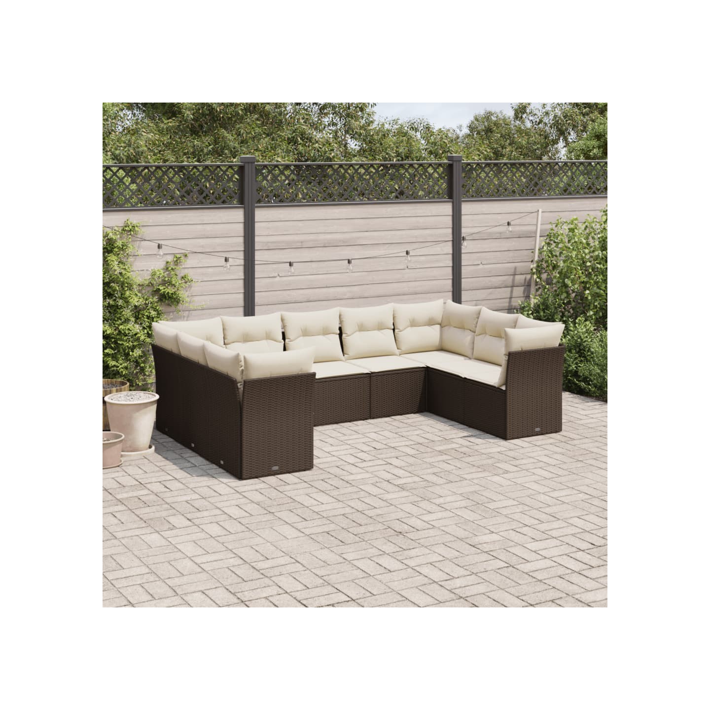 Salon de jardin avec coussins 9 pcs marron résine tressée