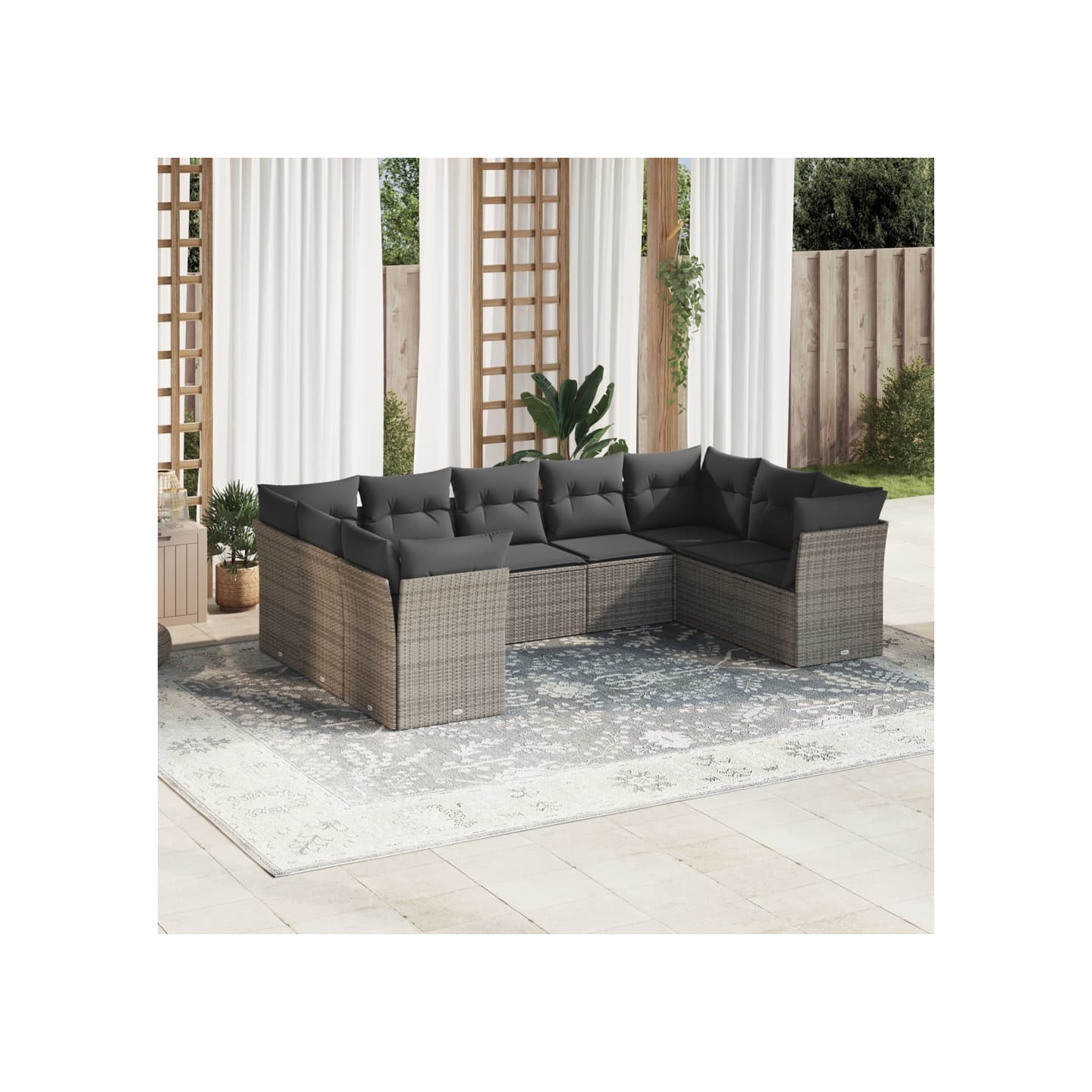 Salon de jardin 9 pcs avec coussins gris résine tressée
