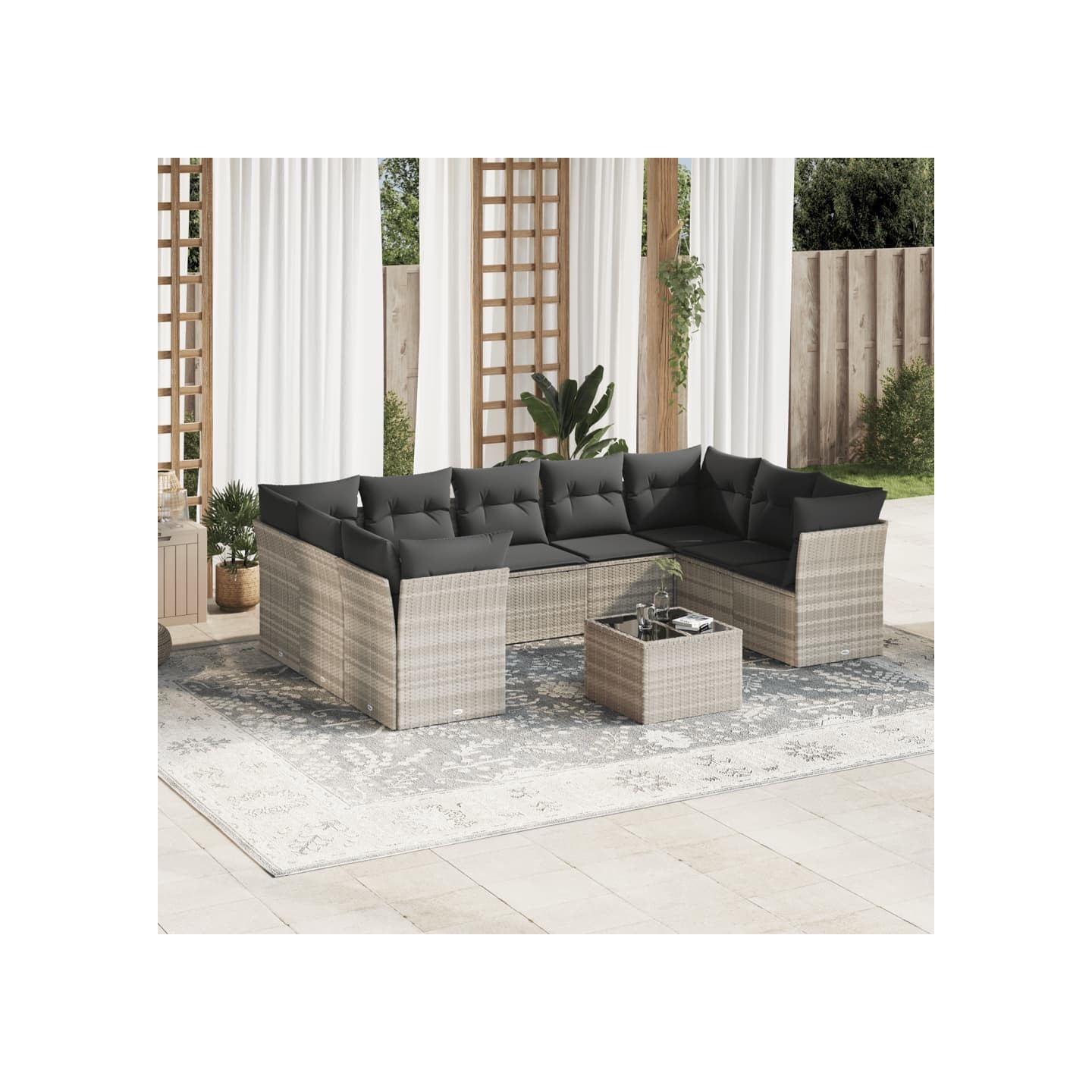 Salon de jardin avec coussins 10 pcs gris clair résine tressée