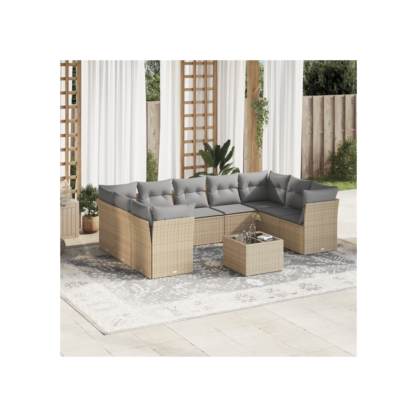 Salon de jardin avec coussins 10 pcs beige résine tressée
