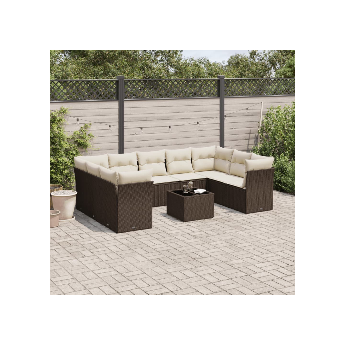 Salon de jardin 10 pcs avec coussins marron résine tressée