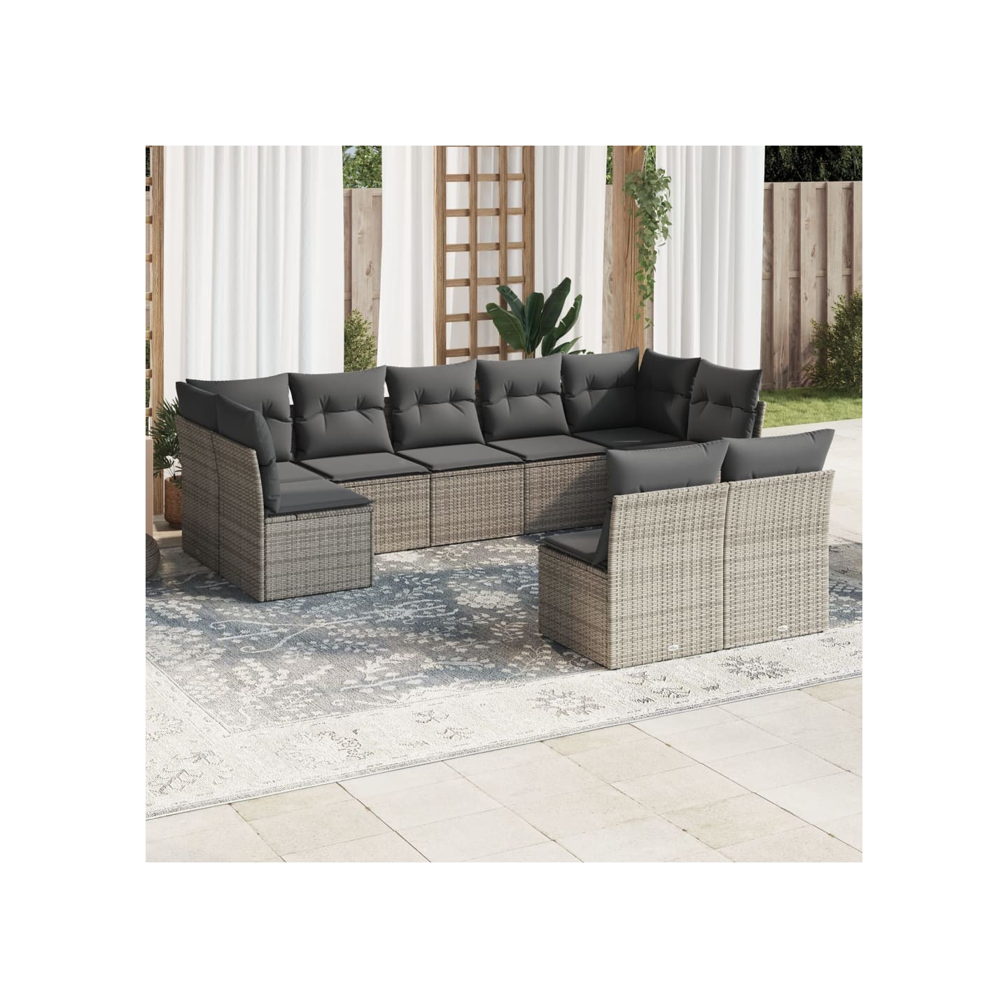 Salon de jardin 9 pcs avec coussins gris résine tressée
