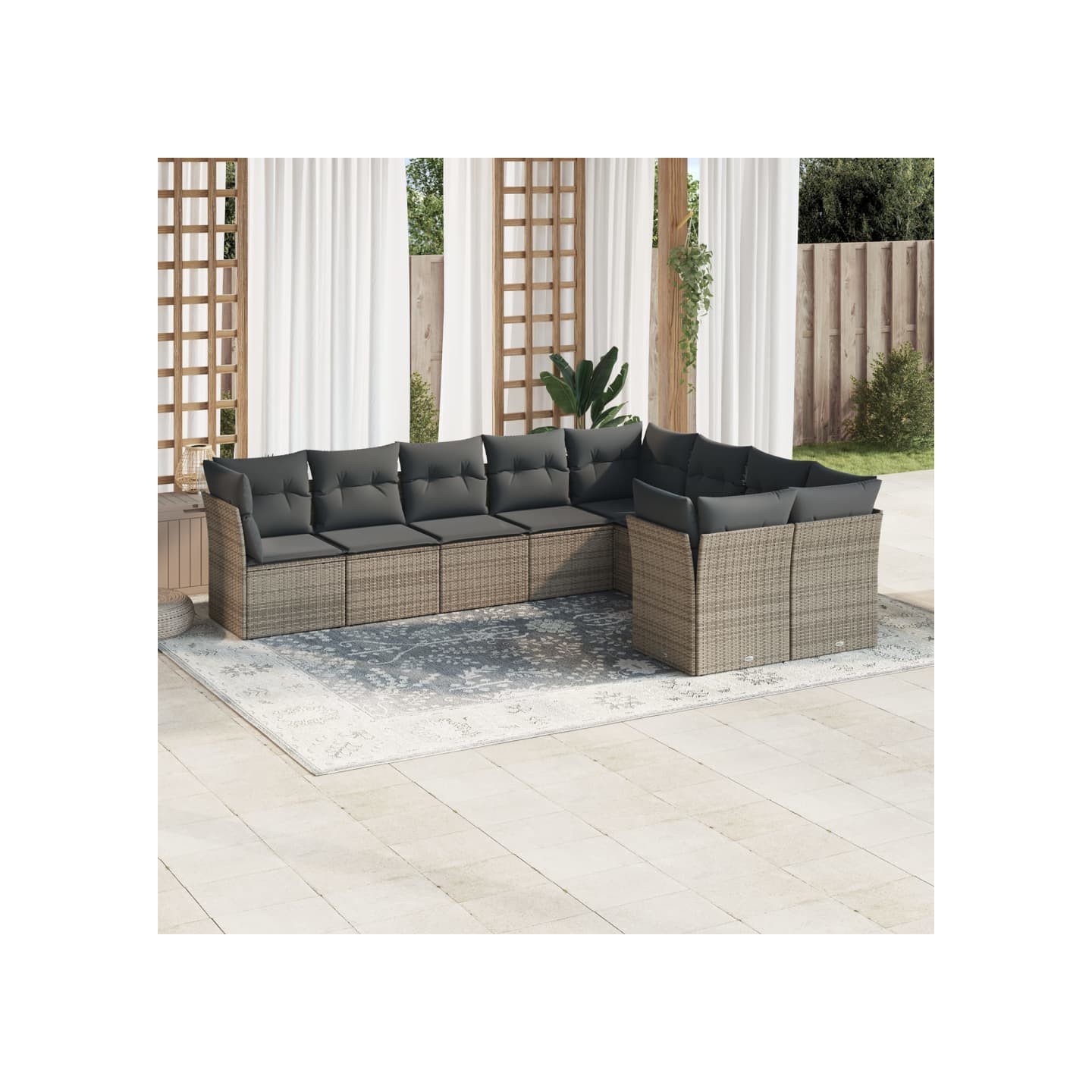 Salon de jardin 9 pcs avec coussins gris résine tressée