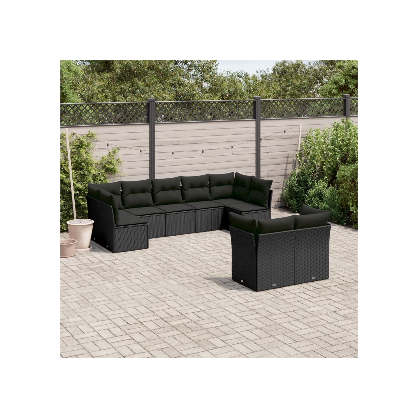 Salon de jardin 9 pcs avec coussins noir résine tressée