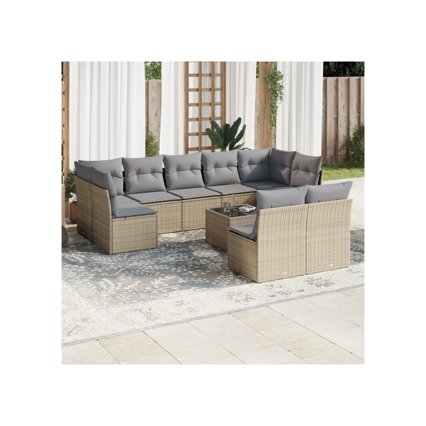 Salon de jardin avec coussins 10 pcs beige résine tressée