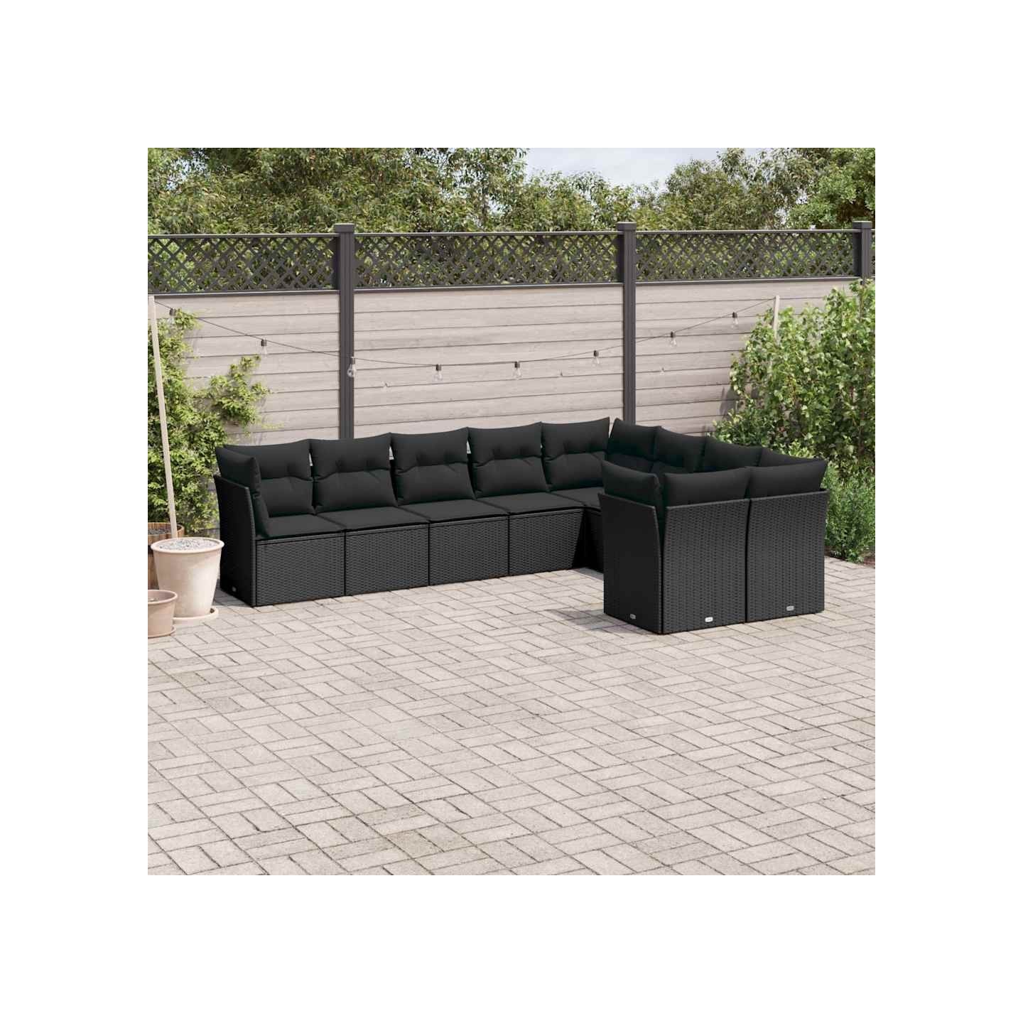 Salon de jardin 9 pcs avec coussins noir résine tressée