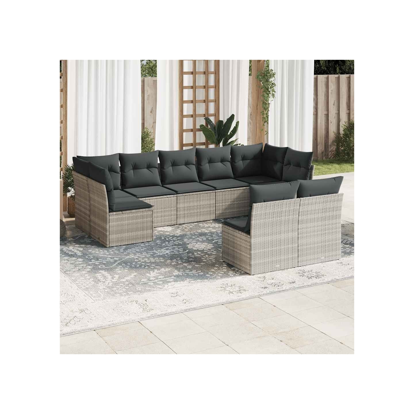Salon de jardin 9 pcs avec coussins gris clair résine tressée