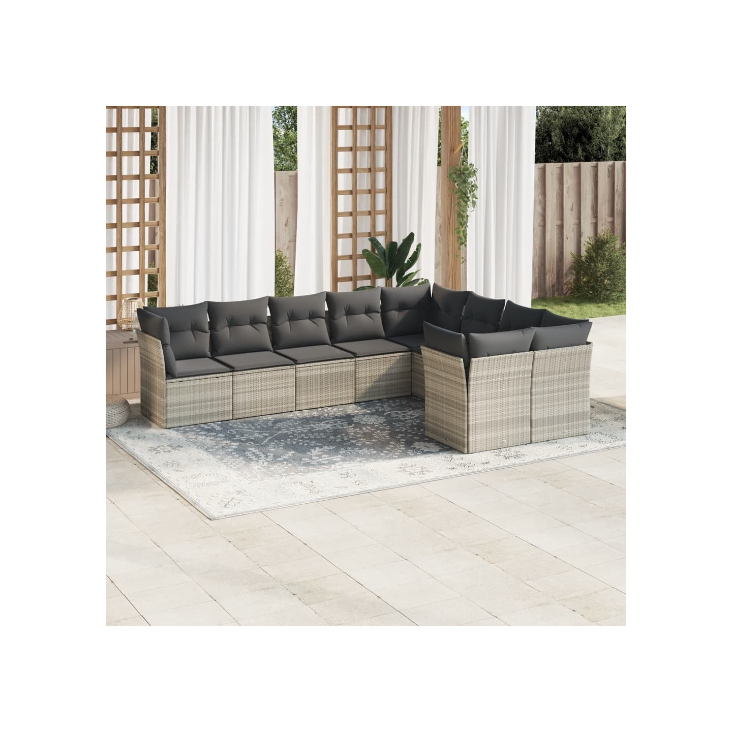 Salon de jardin 9 pcs avec coussins gris clair résine tressée