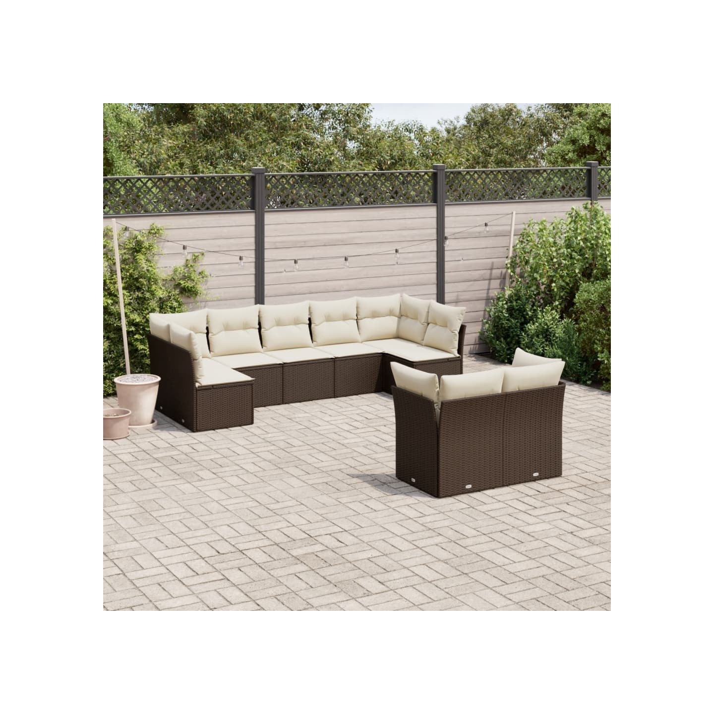 Salon de jardin avec coussins 9 pcs marron résine tressée