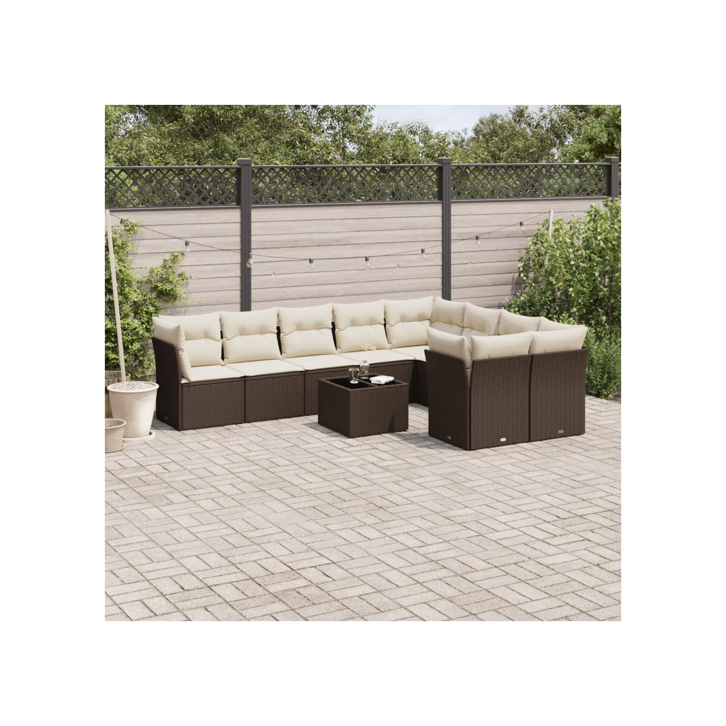 Salon de jardin 10 pcs avec coussins marron résine tressée