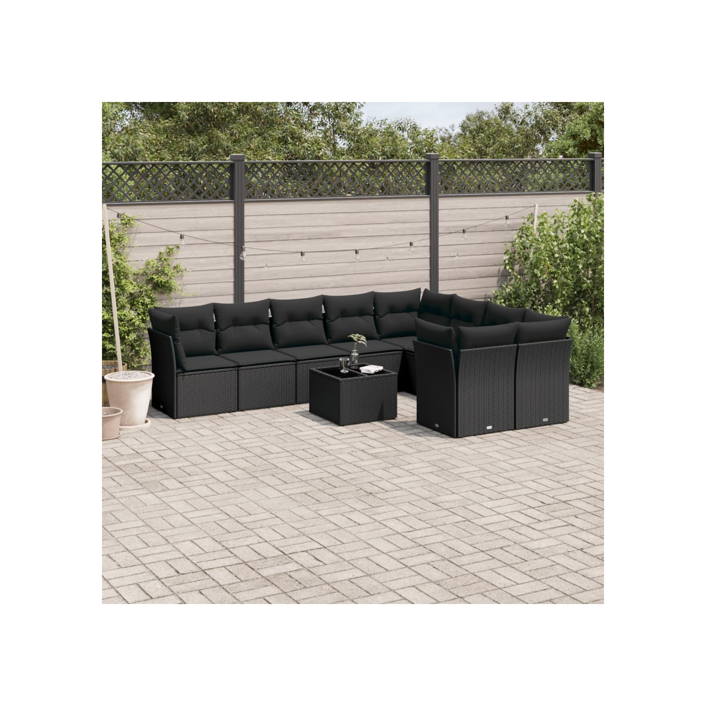 Salon de jardin 10 pcs avec coussins noir résine tressée