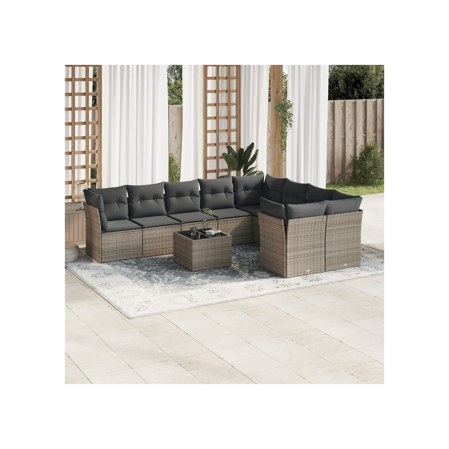 Salon de jardin avec coussins 10 pcs gris résine tressée