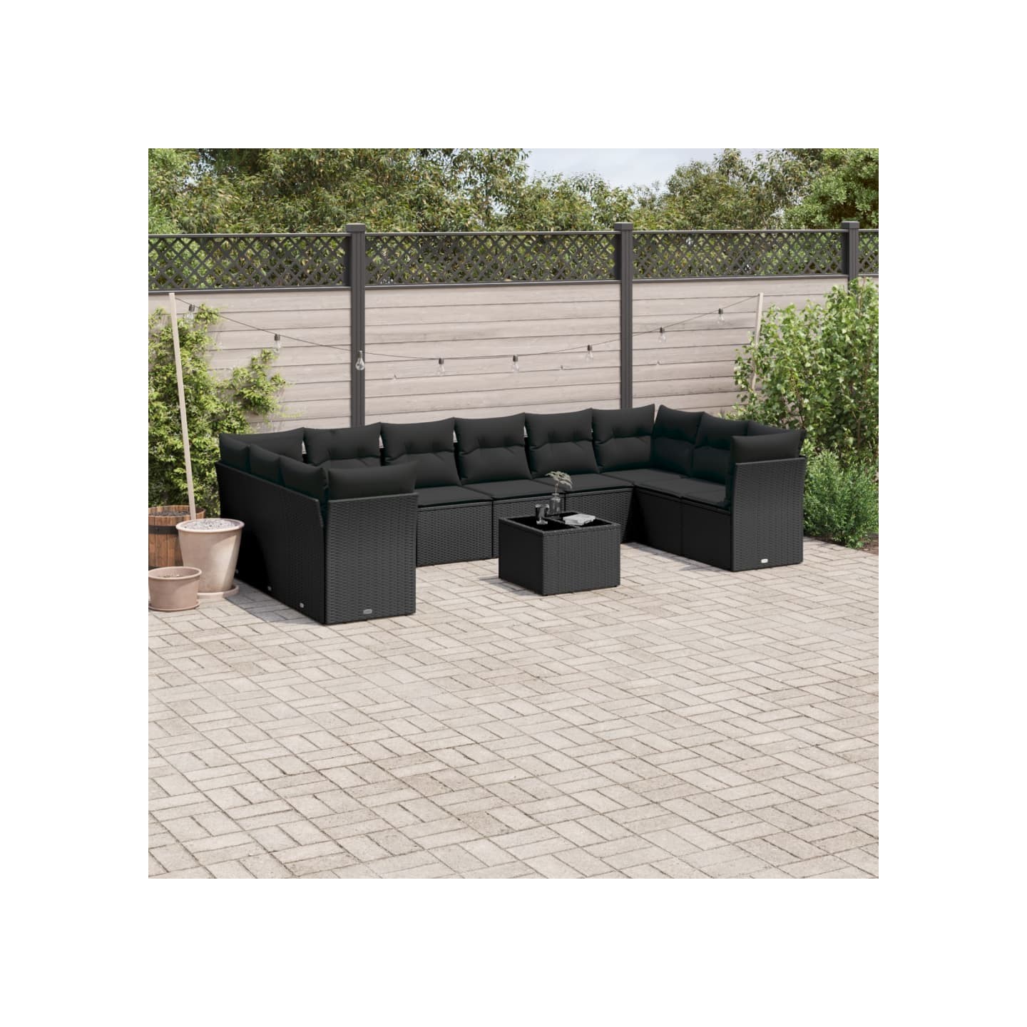 Salon de jardin 11 pcs avec coussins noir résine tressée