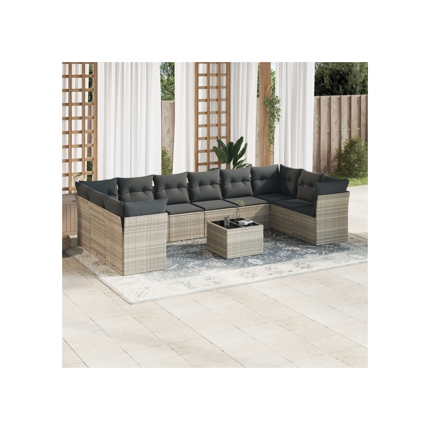 Salon de jardin 11 pcs avec coussins gris clair résine tressée