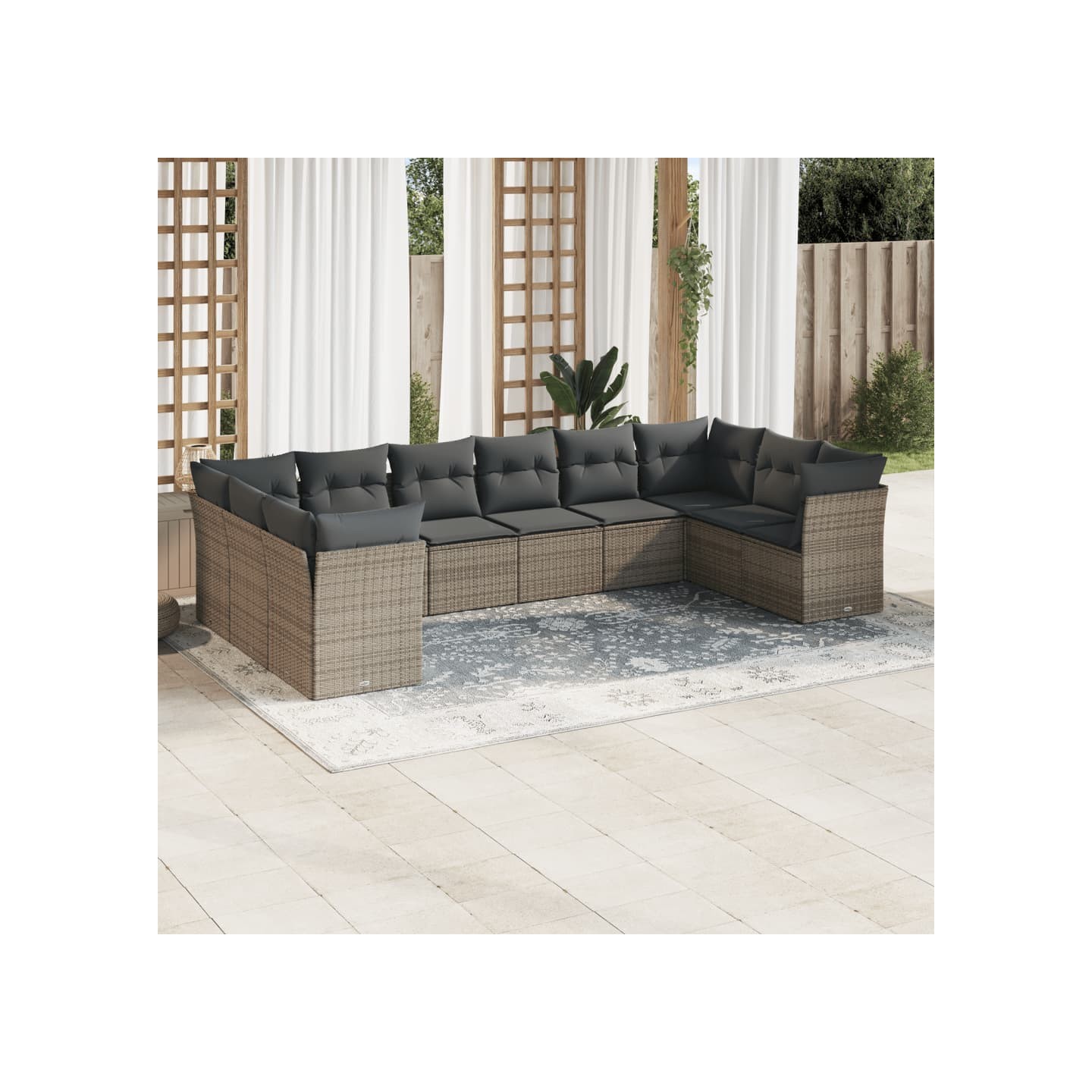 Salon de jardin avec coussins 10 pcs gris résine tressée