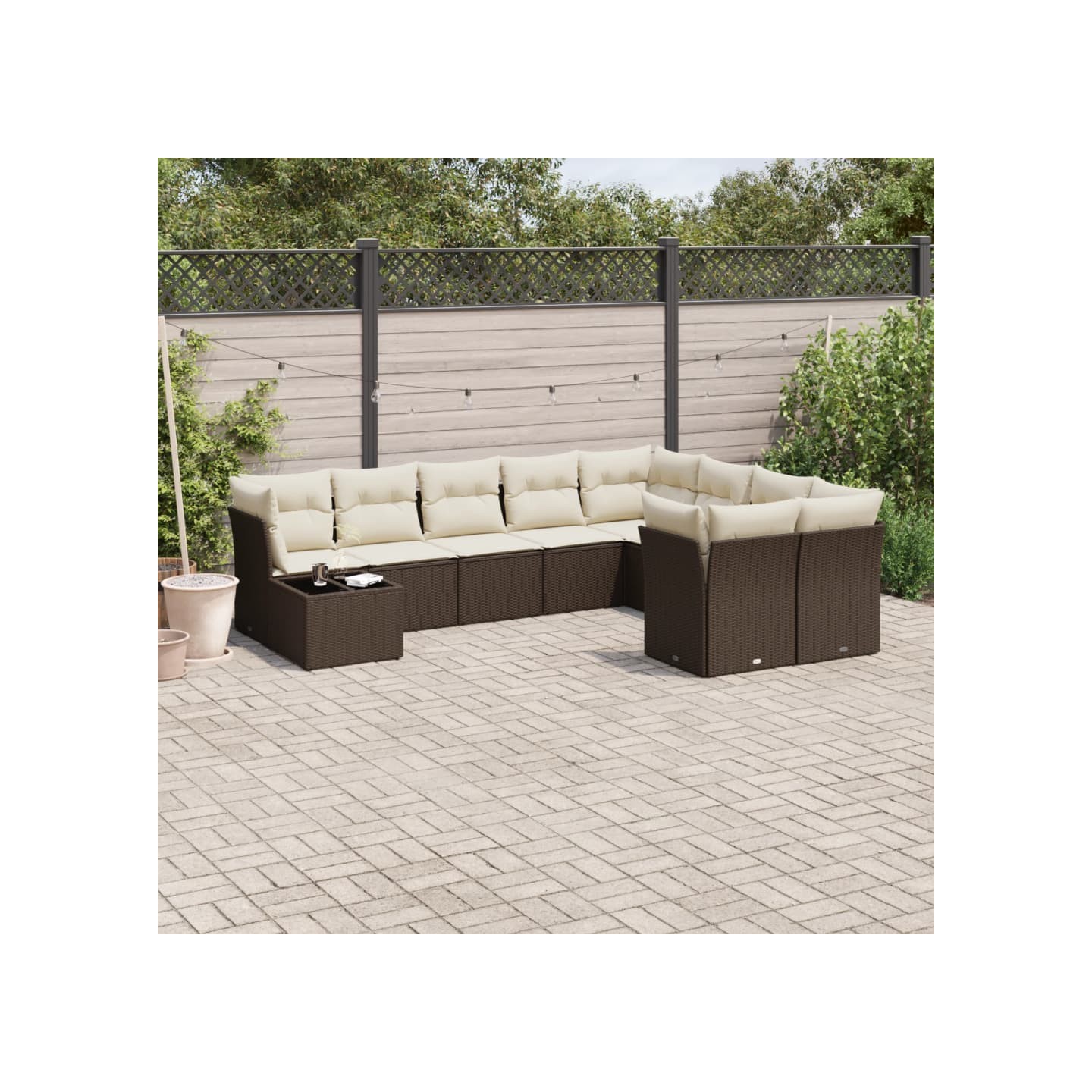 Salon de jardin 10 pcs avec coussins marron résine tressée
