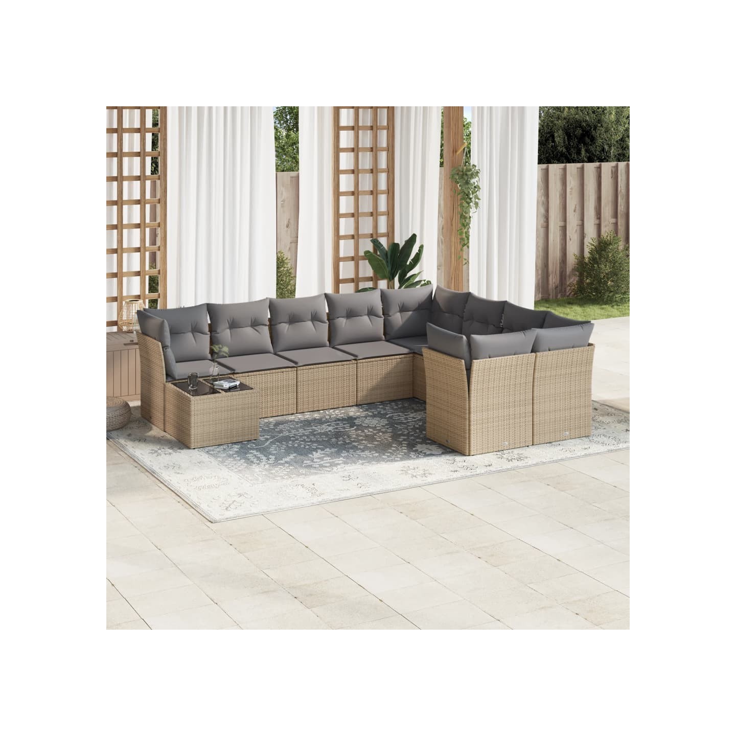 Salon de jardin avec coussins 10 pcs beige résine tressée