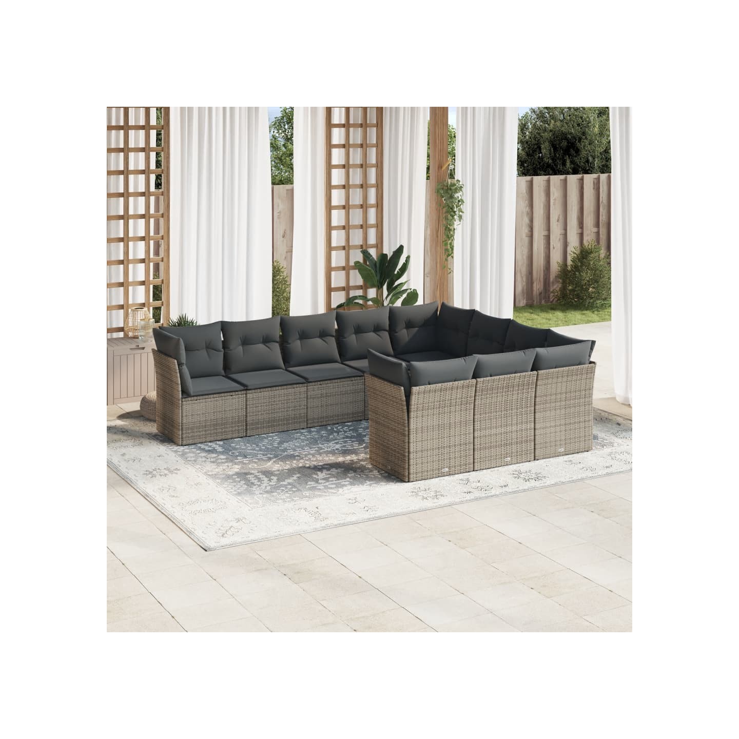 Salon de jardin avec coussins 10 pcs gris résine tressée