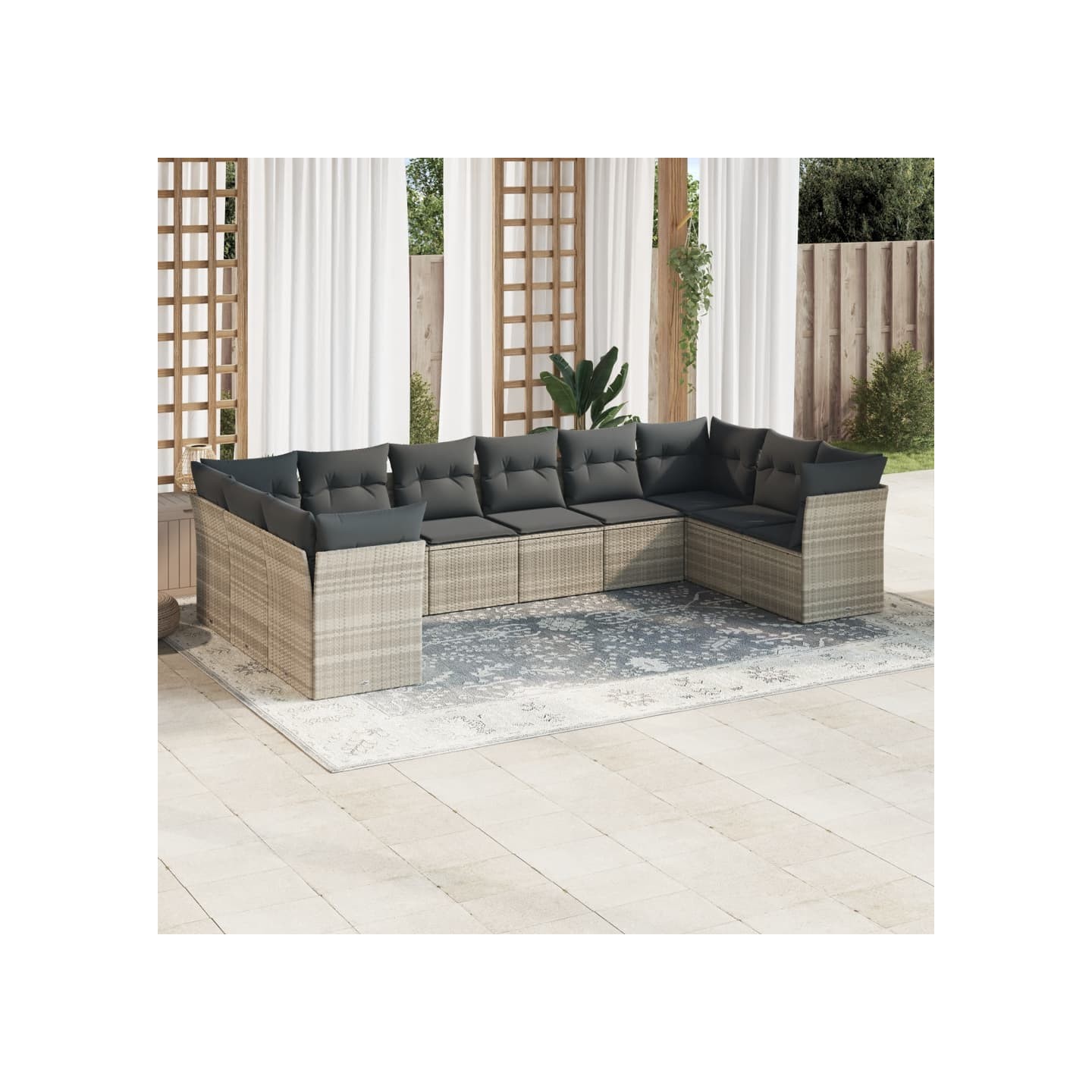 Salon de jardin avec coussins 10 pcs gris clair résine tressée
