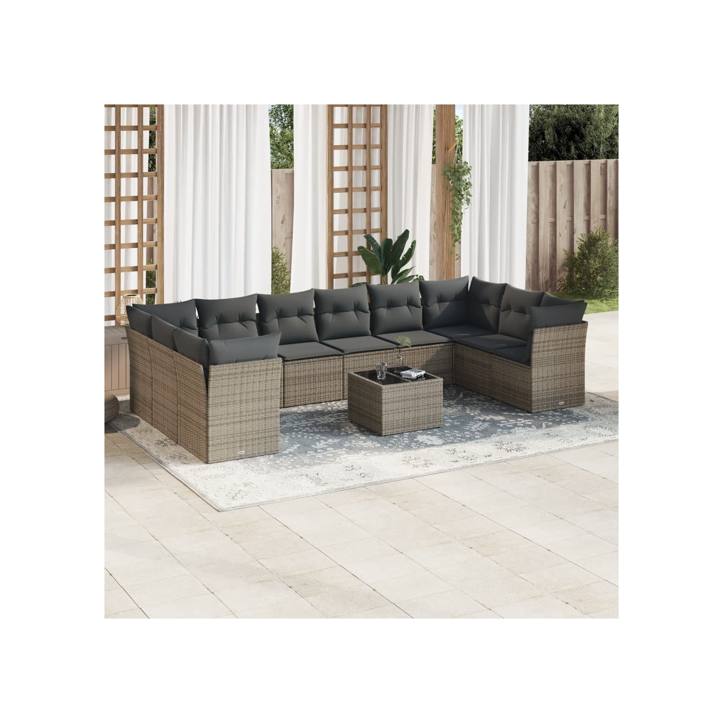 Salon de jardin 11 pcs avec coussins gris résine tressée