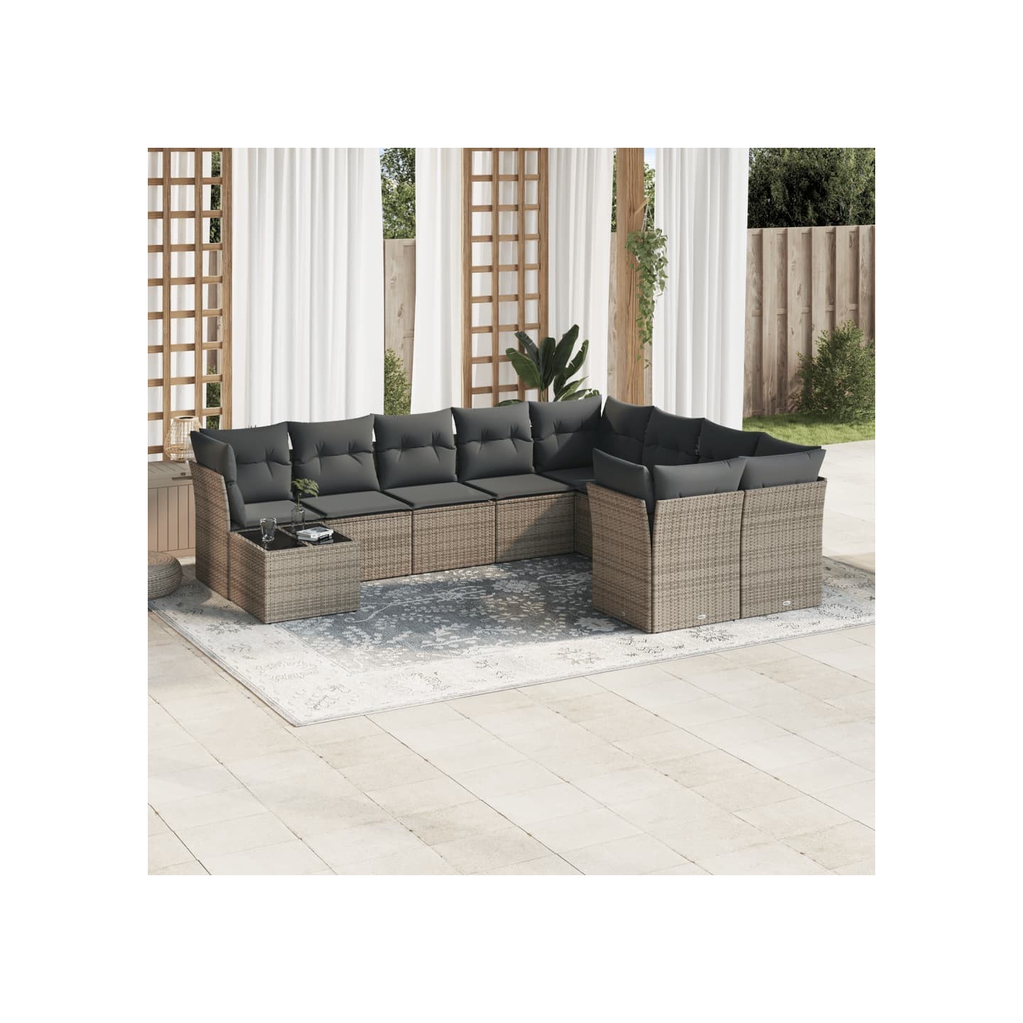 Salon de jardin avec coussins 10 pcs gris résine tressée