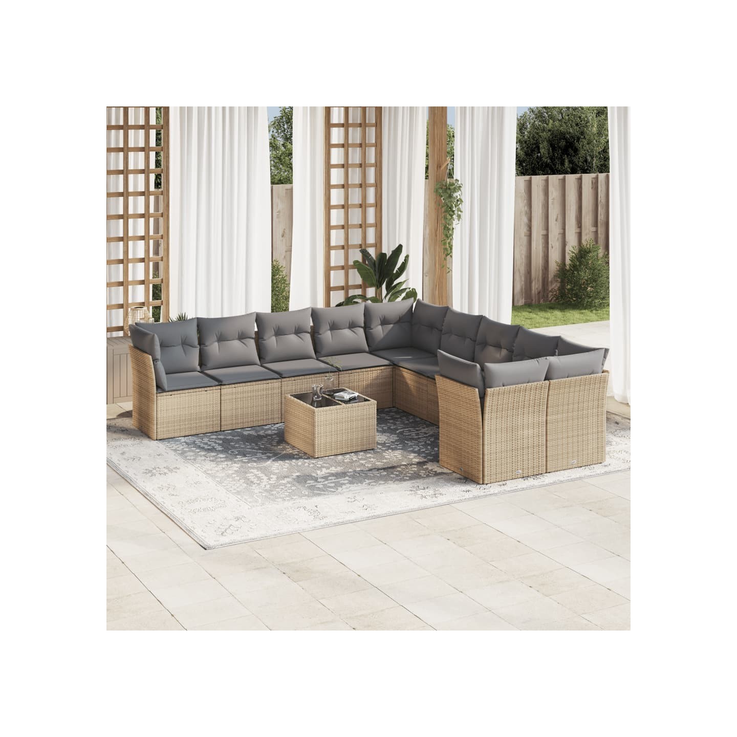 Salon de jardin 11 pcs avec coussins beige résine tressée