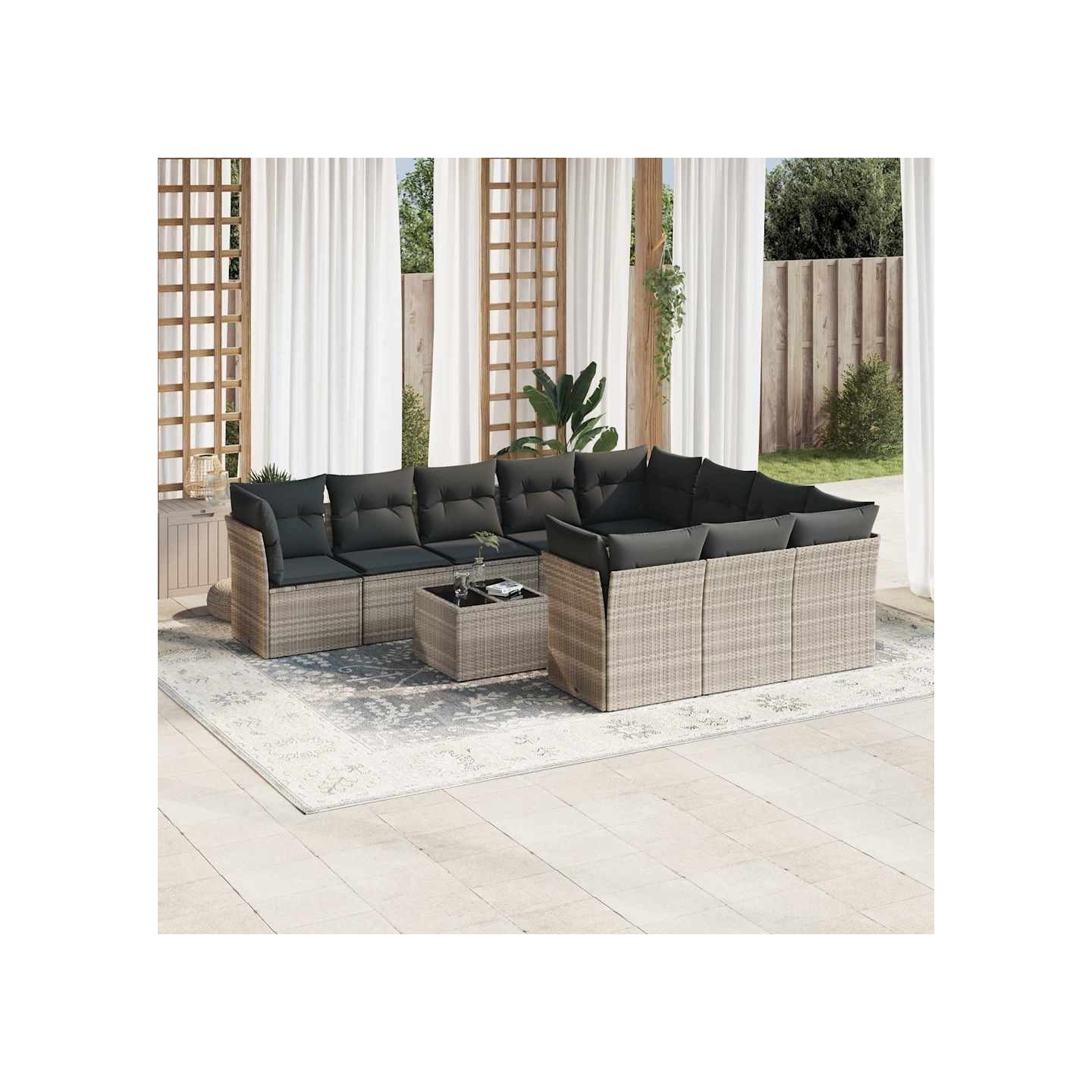Salon de jardin 11 pcs avec coussins gris clair résine tressée
