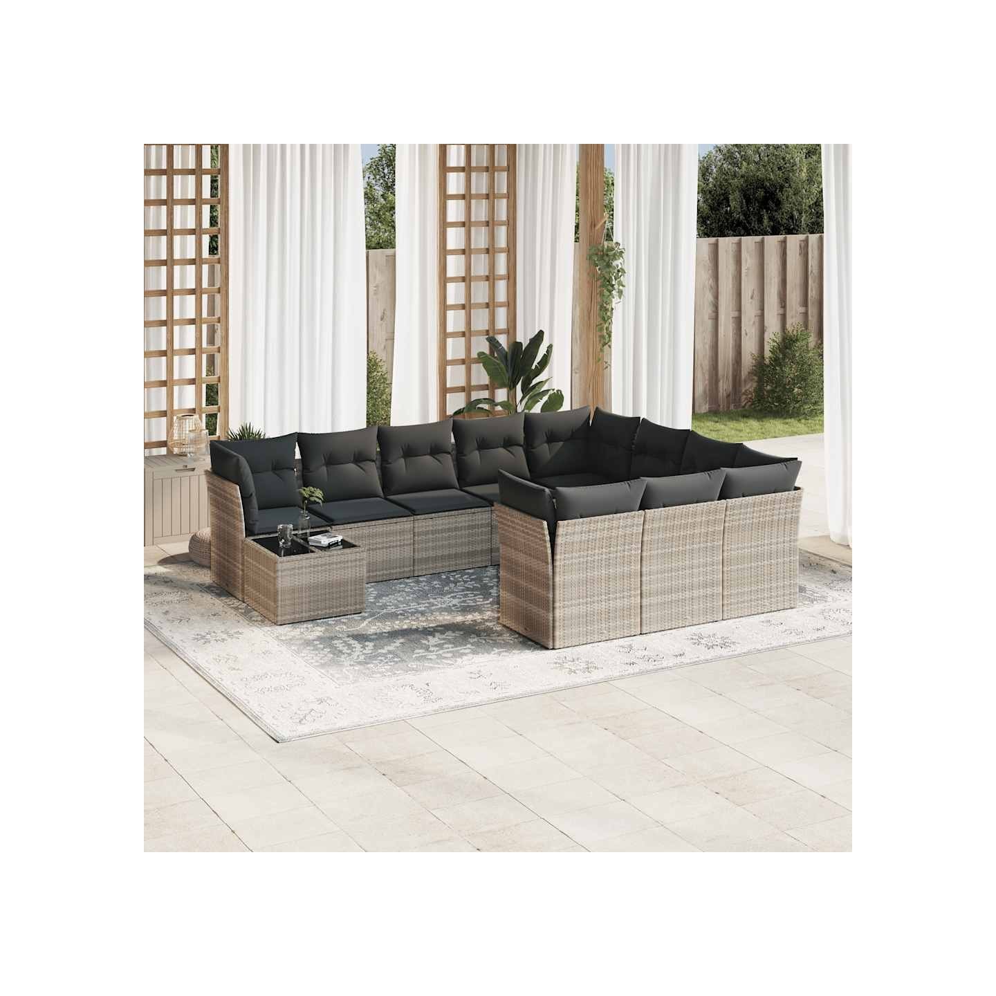 Salon de jardin 11 pcs avec coussins gris clair résine tressée