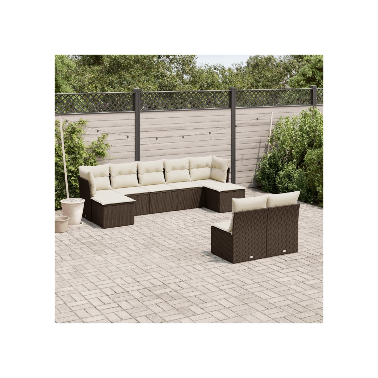 Salon de jardin avec coussins 9 pcs marron résine tressée