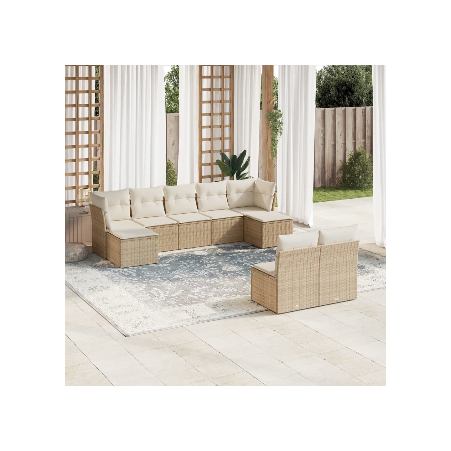 Salon de jardin avec coussins 9 pcs beige résine tressée