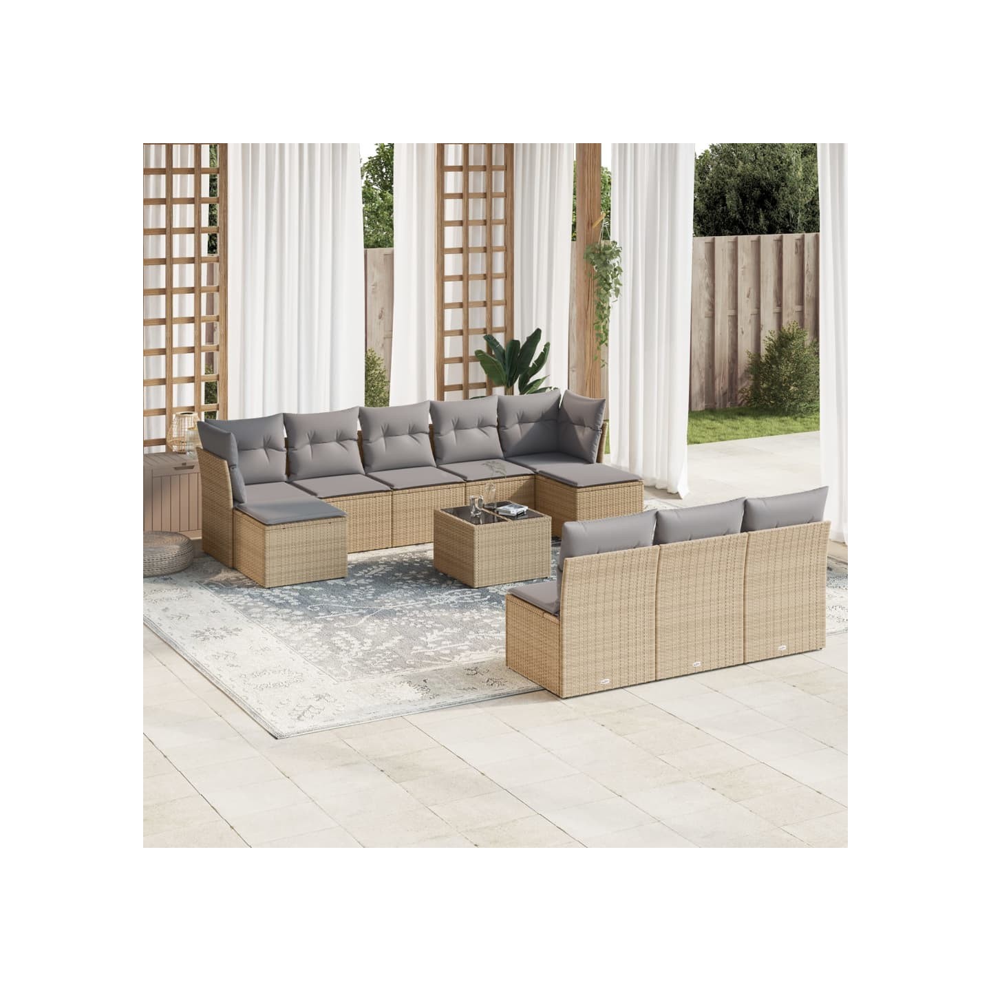 Salon de jardin 11 pcs avec coussins beige résine tressée