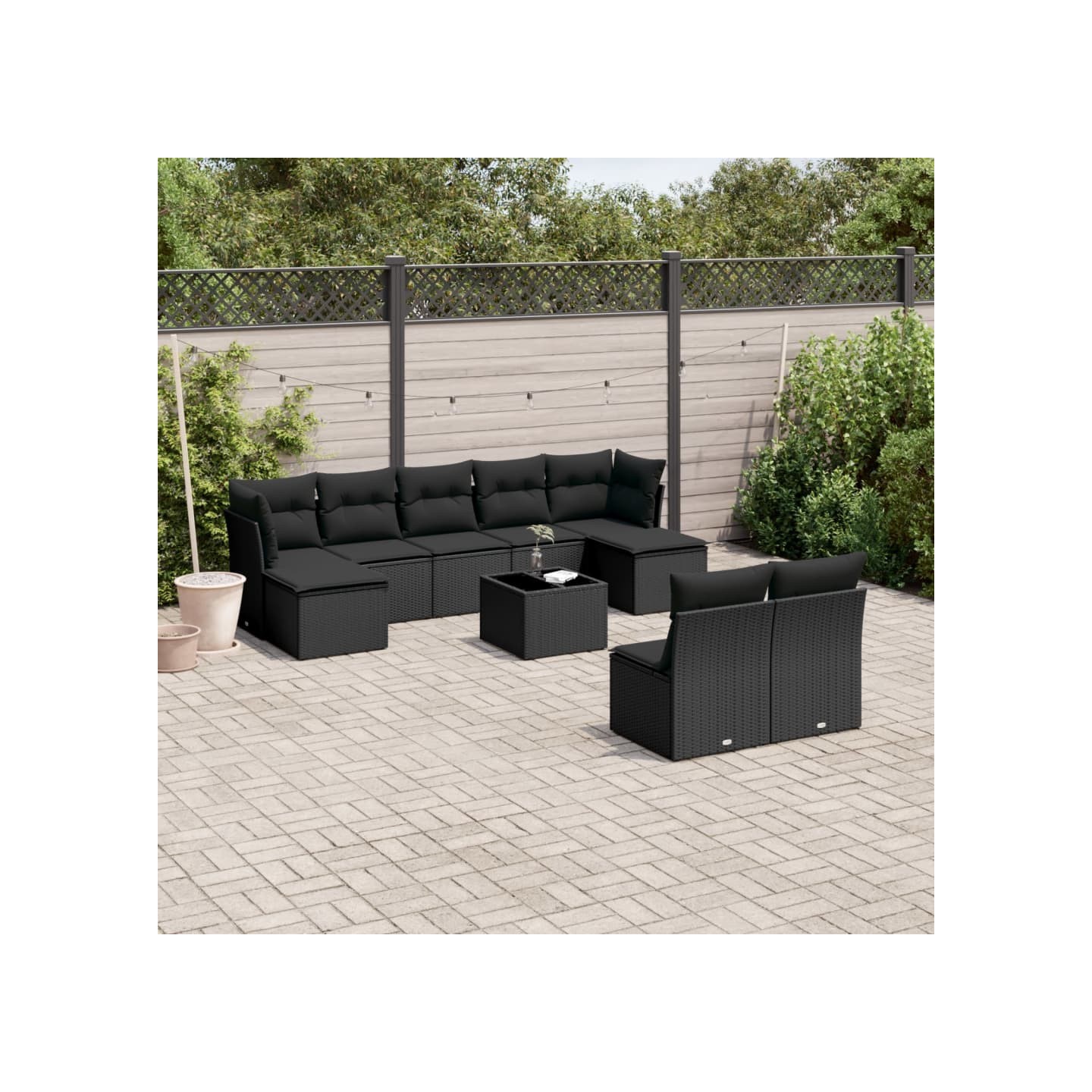 Salon de jardin 10 pcs avec coussins noir résine tressée