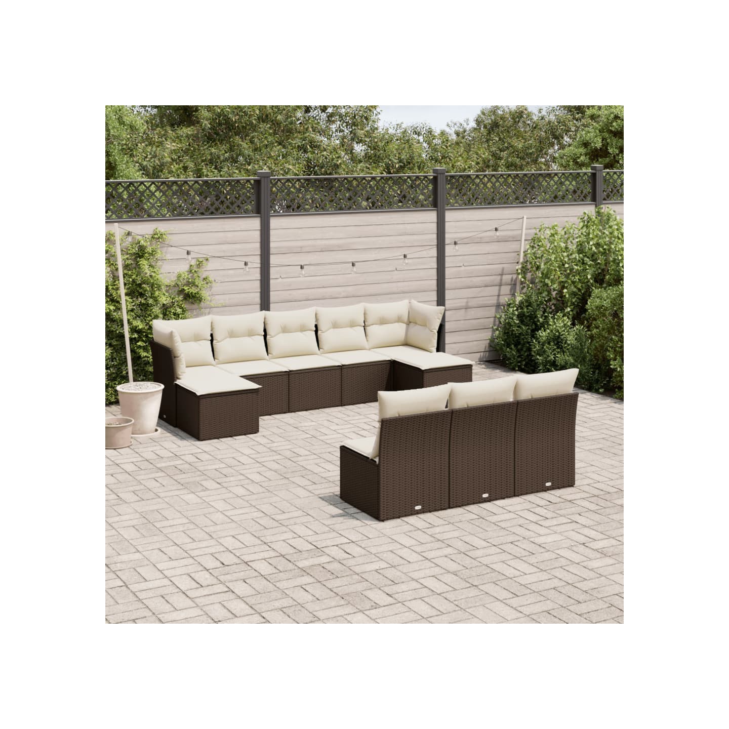 Salon de jardin 10 pcs avec coussins marron résine tressée