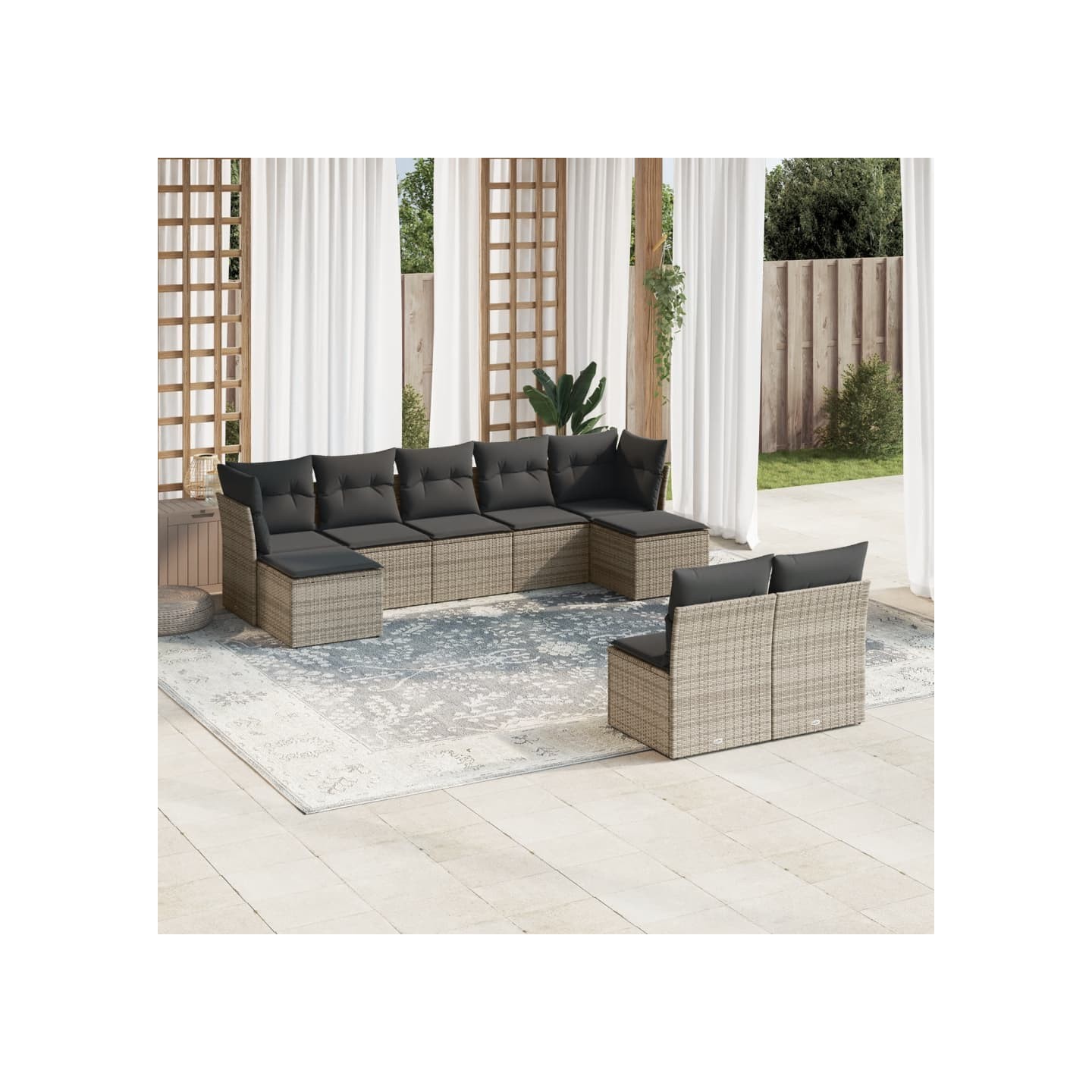 Salon de jardin 9 pcs avec coussins gris résine tressée