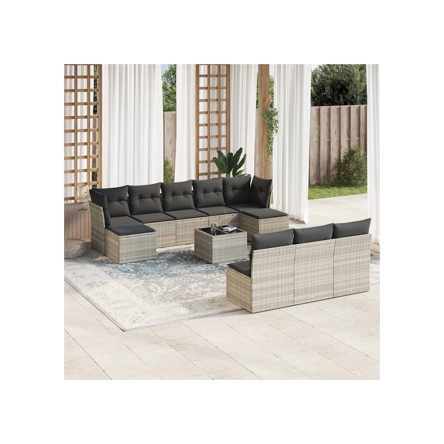 Salon de jardin 11 pcs avec coussins gris clair résine tressée