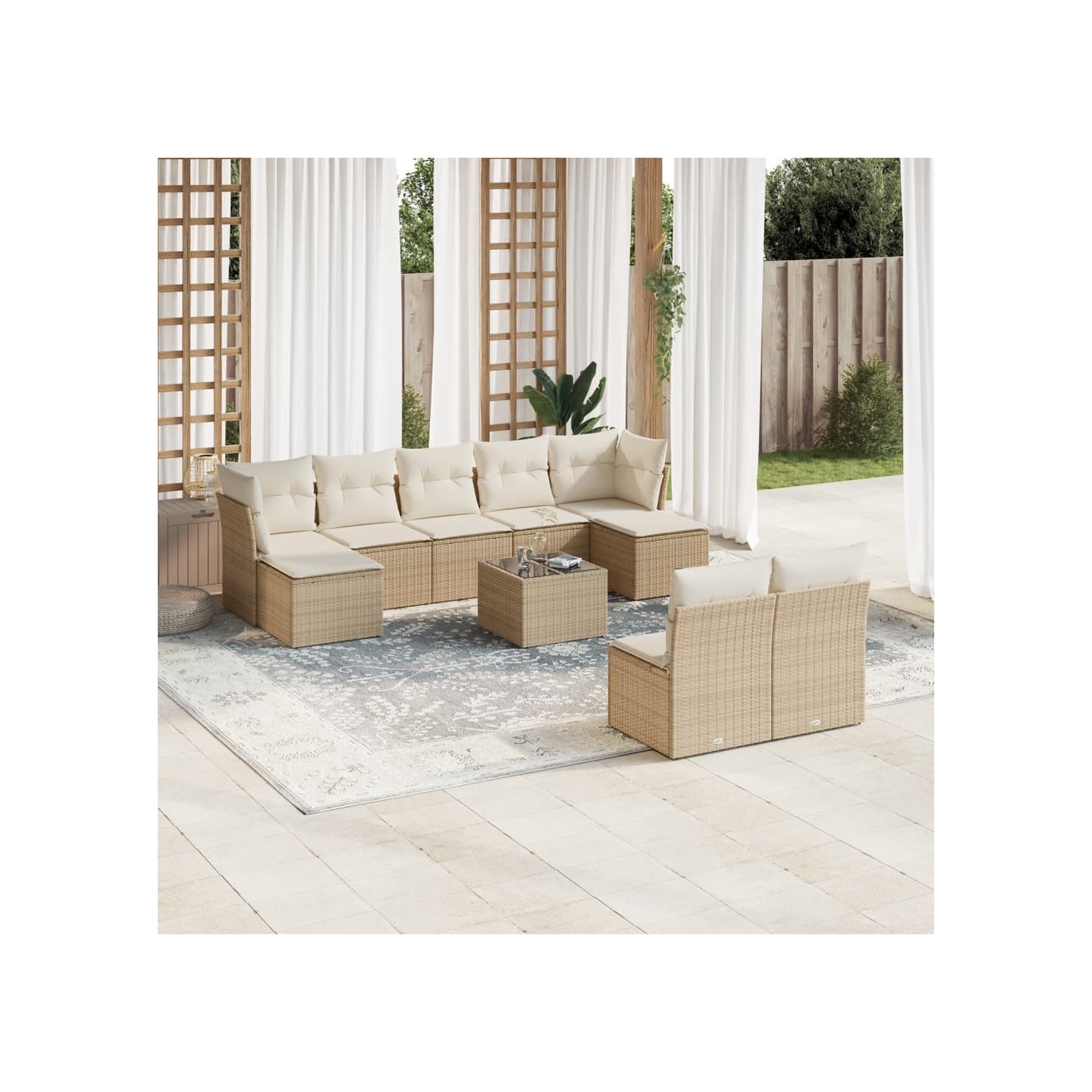Salon de jardin avec coussins 10 pcs beige résine tressée