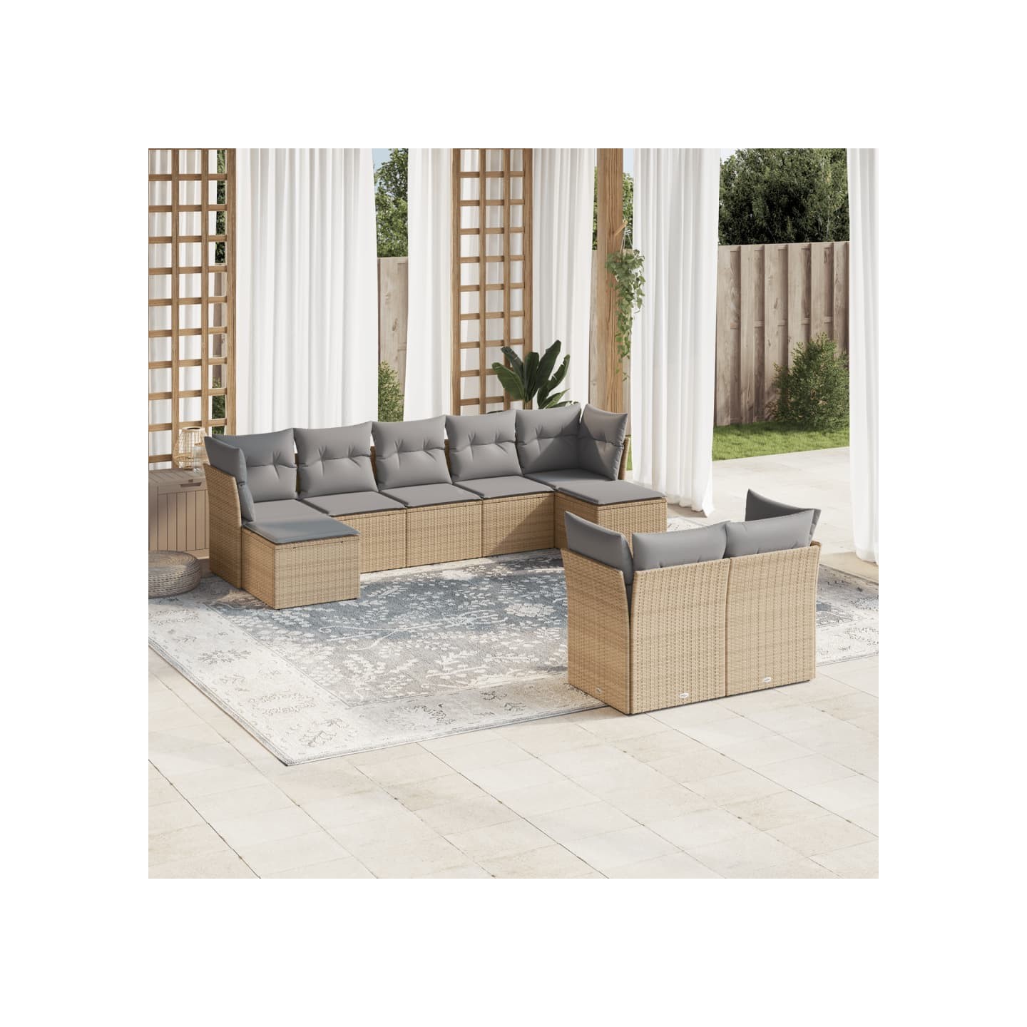 Salon de jardin avec coussins 9 pcs beige résine tressée