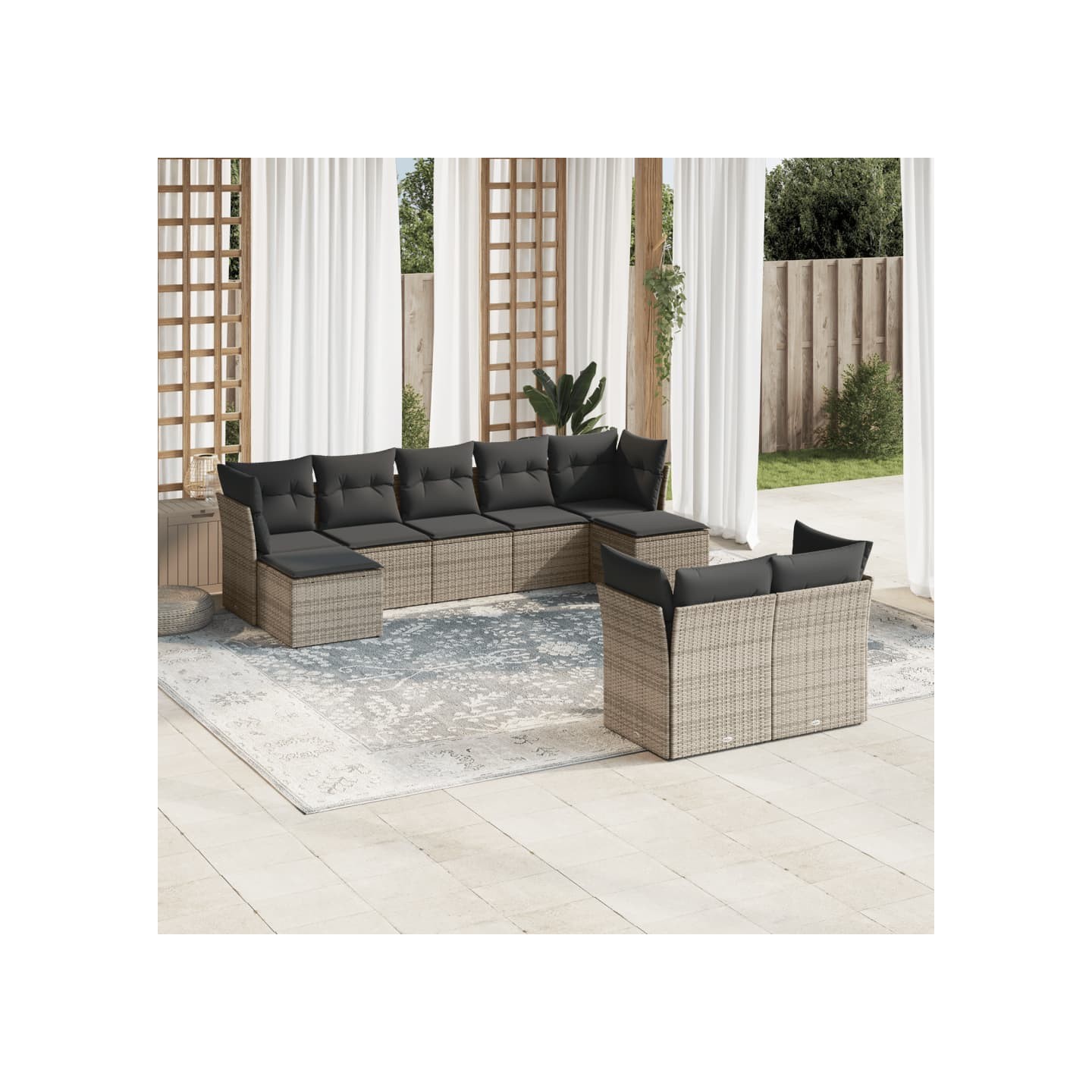 Salon de jardin 9 pcs avec coussins gris résine tressée