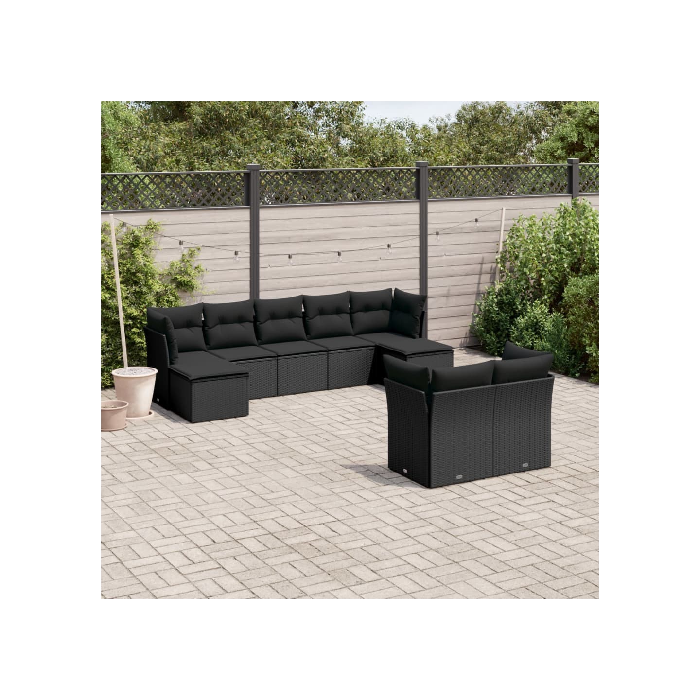 Salon de jardin 9 pcs avec coussins noir résine tressée